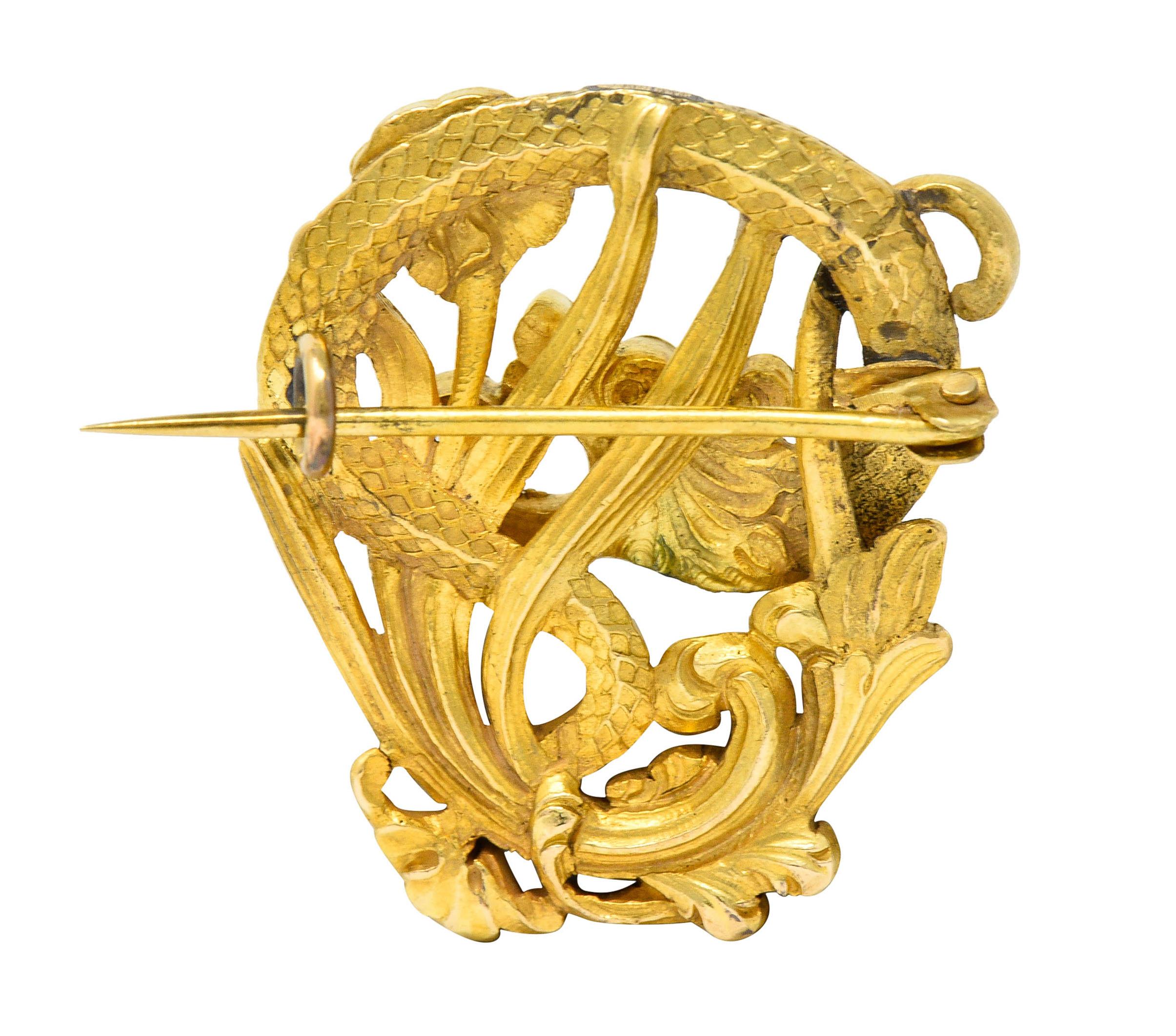 Old European Cut Art Nouveau Diamond 18 Karat Gold Serpent Dragon Brooch