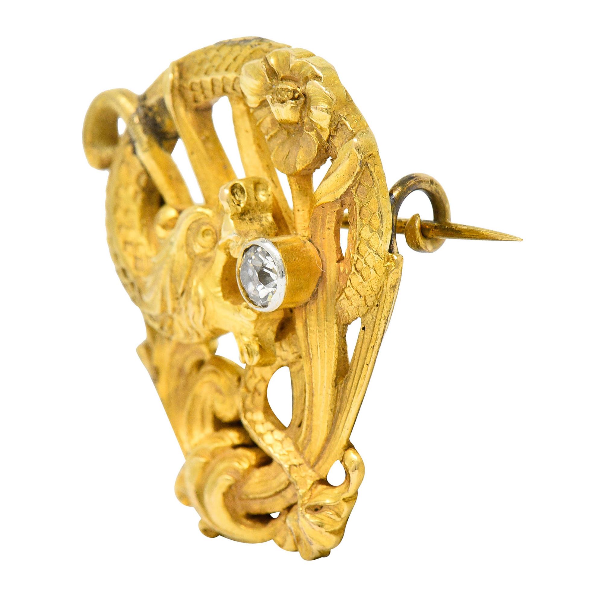 Art Nouveau Diamond 18 Karat Gold Serpent Dragon Brooch In Excellent Condition In Philadelphia, PA