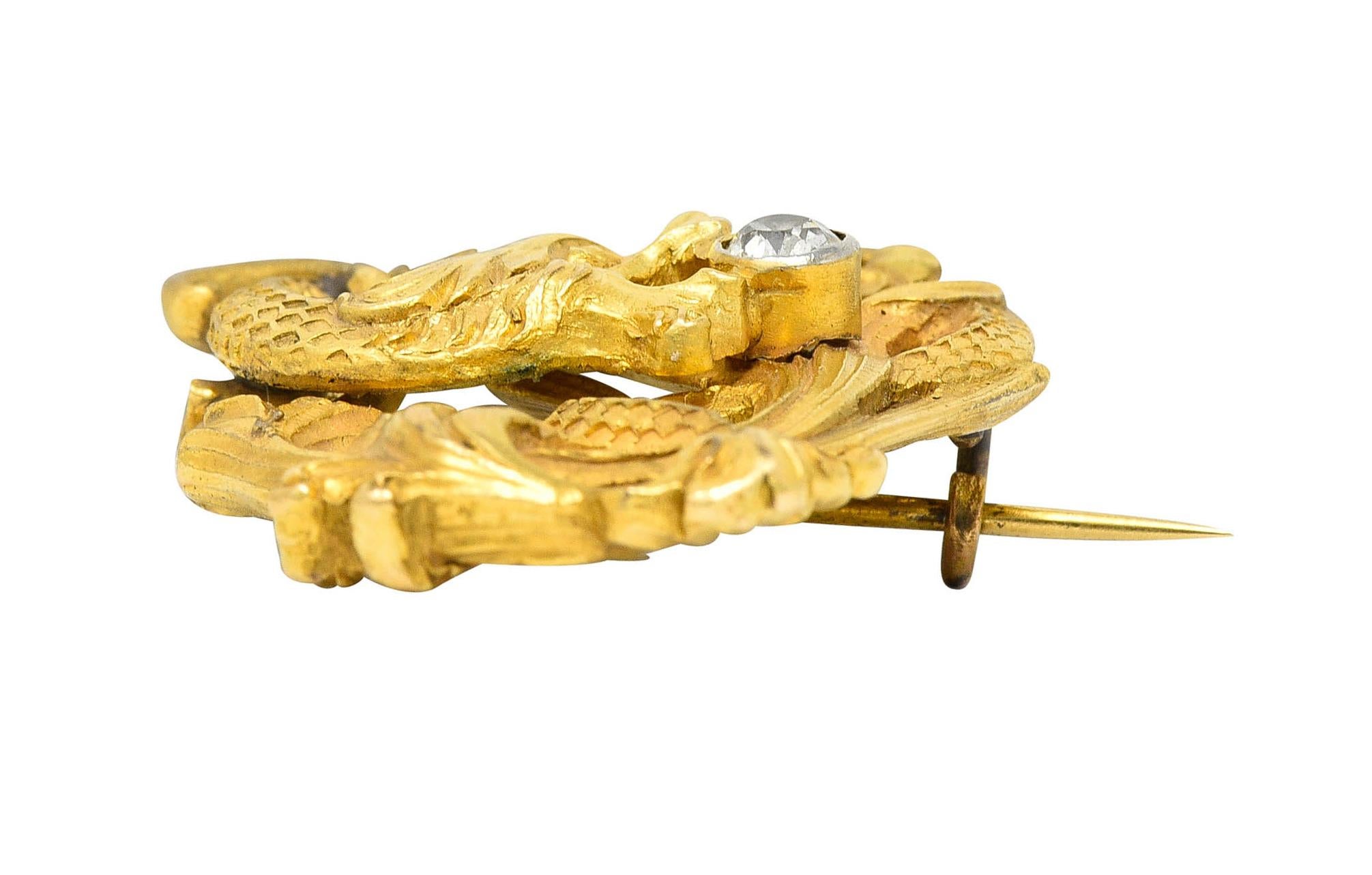 Women's or Men's Art Nouveau Diamond 18 Karat Gold Serpent Dragon Brooch
