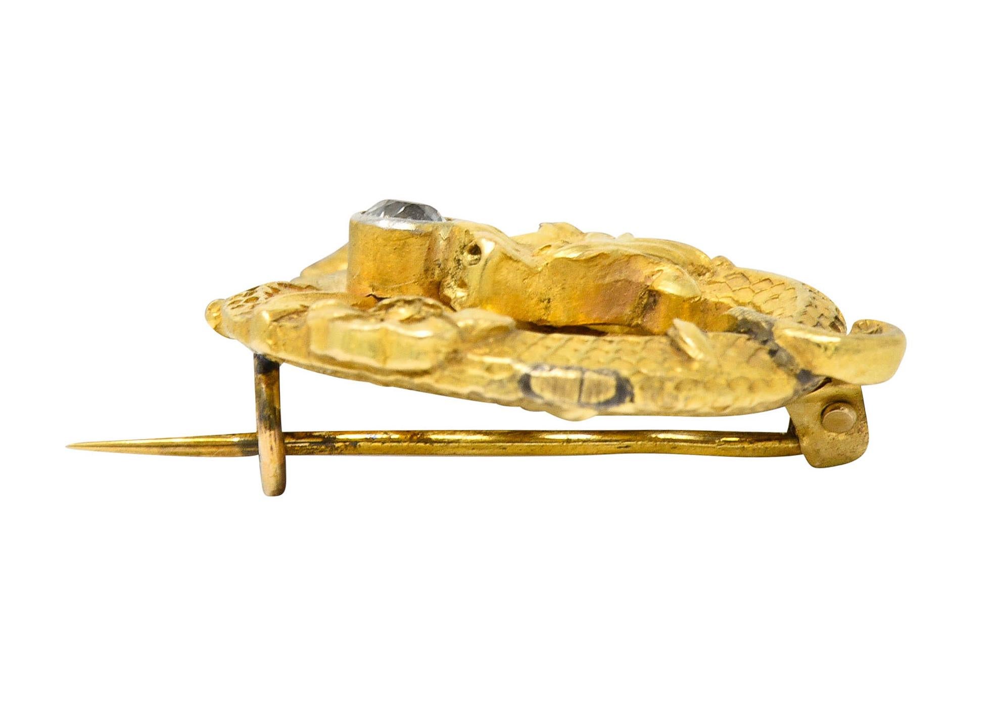 Art Nouveau Diamond 18 Karat Gold Serpent Dragon Brooch 1