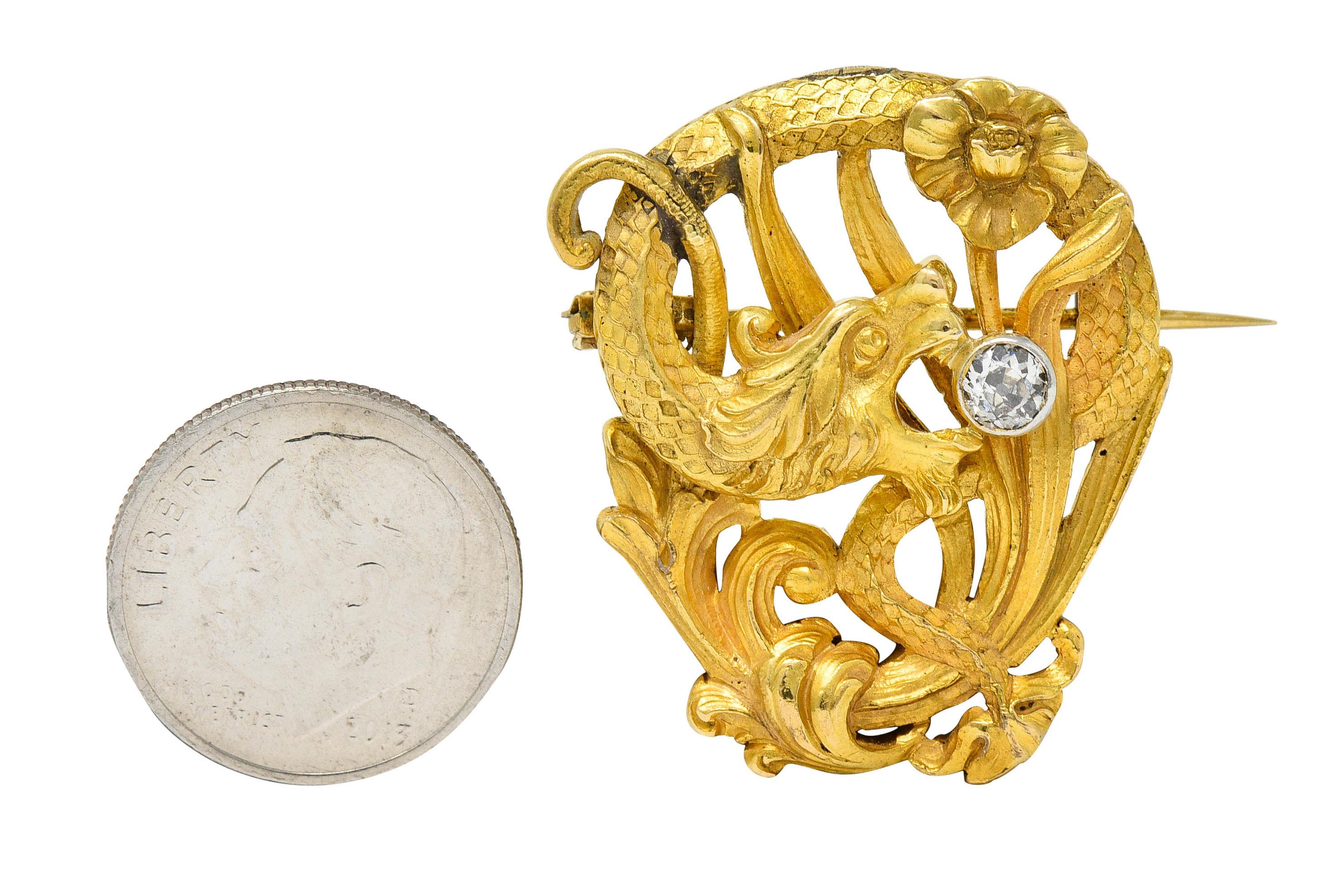 Art Nouveau Diamond 18 Karat Gold Serpent Dragon Brooch 3