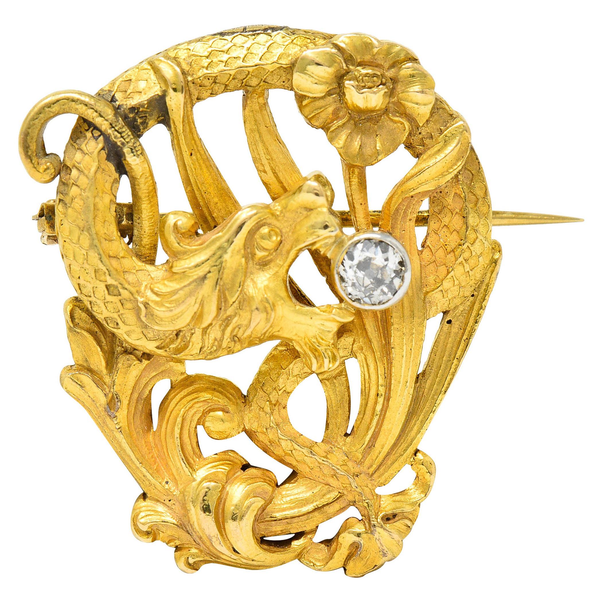 Art Nouveau Diamond 18 Karat Gold Serpent Dragon Brooch