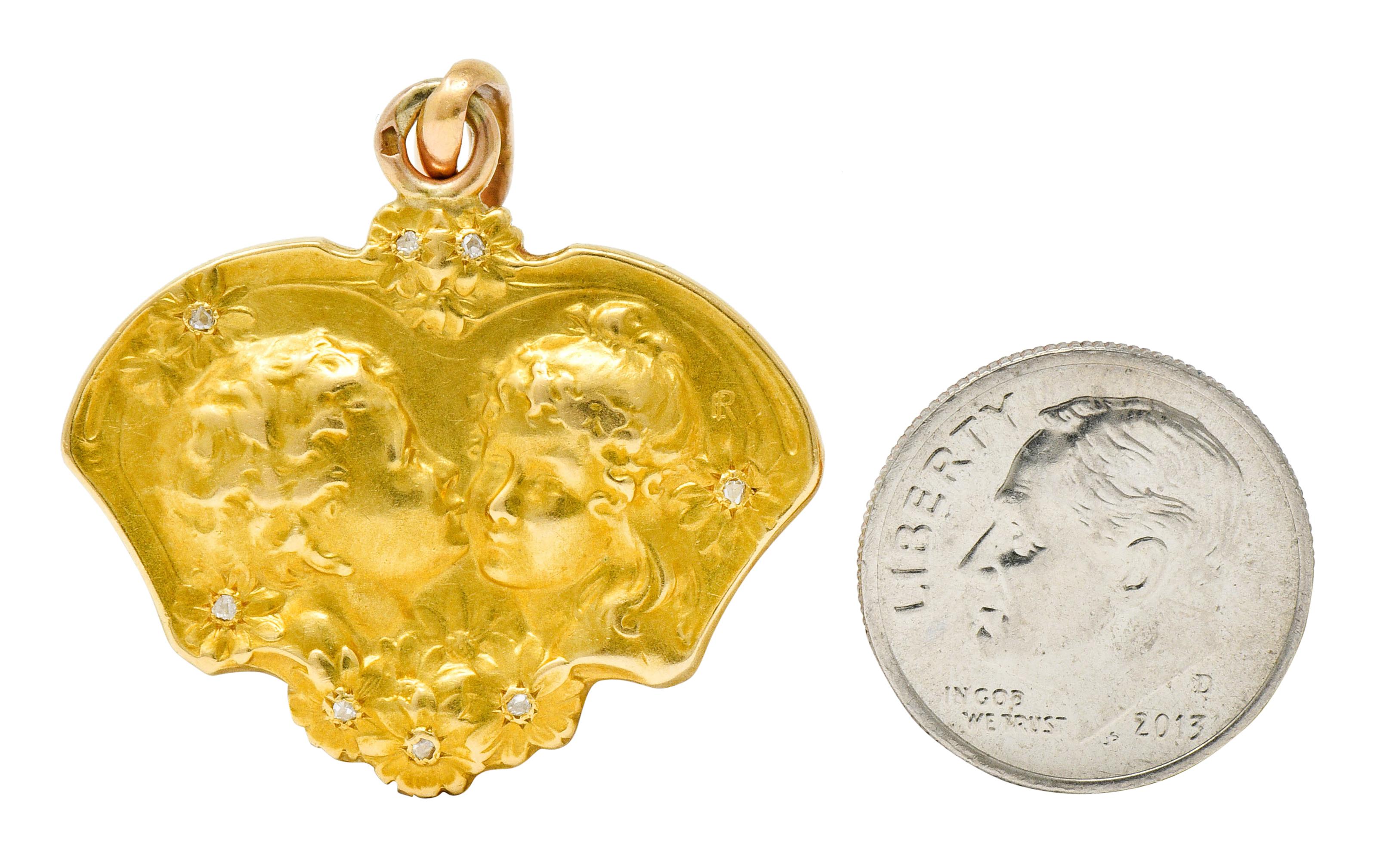 Art Nouveau Diamond 18 Karat Two-Tone Gold Child Pendant 2