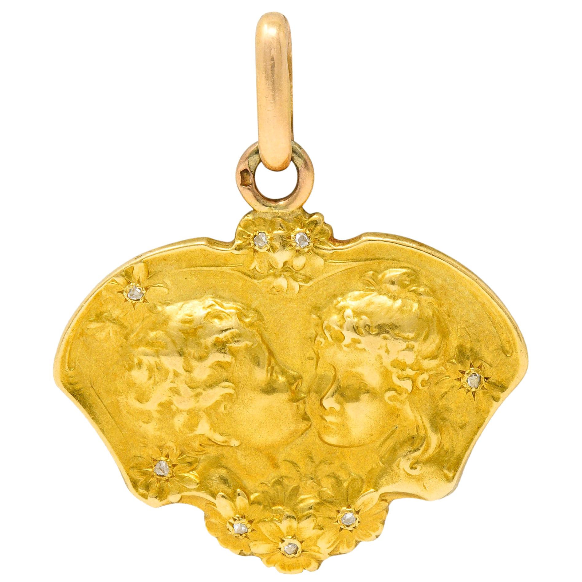 Art Nouveau Diamond 18 Karat Two-Tone Gold Child Pendant