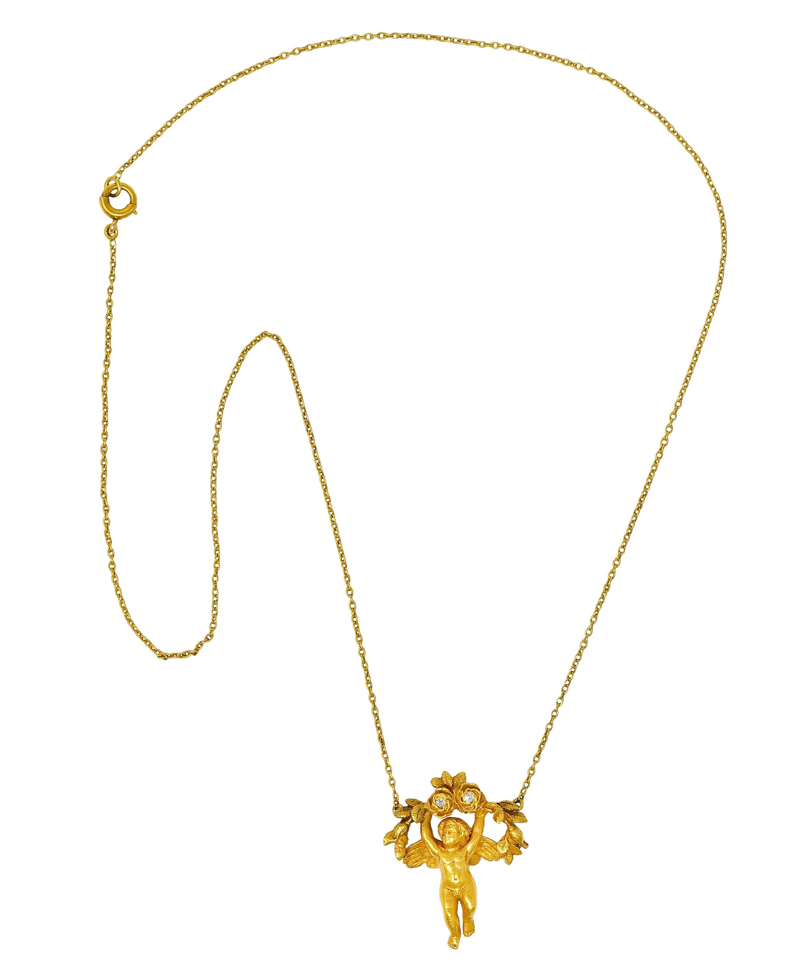 Old European Cut Art Nouveau Diamond 18 Karat Yellow Gold Cherub Station Necklace