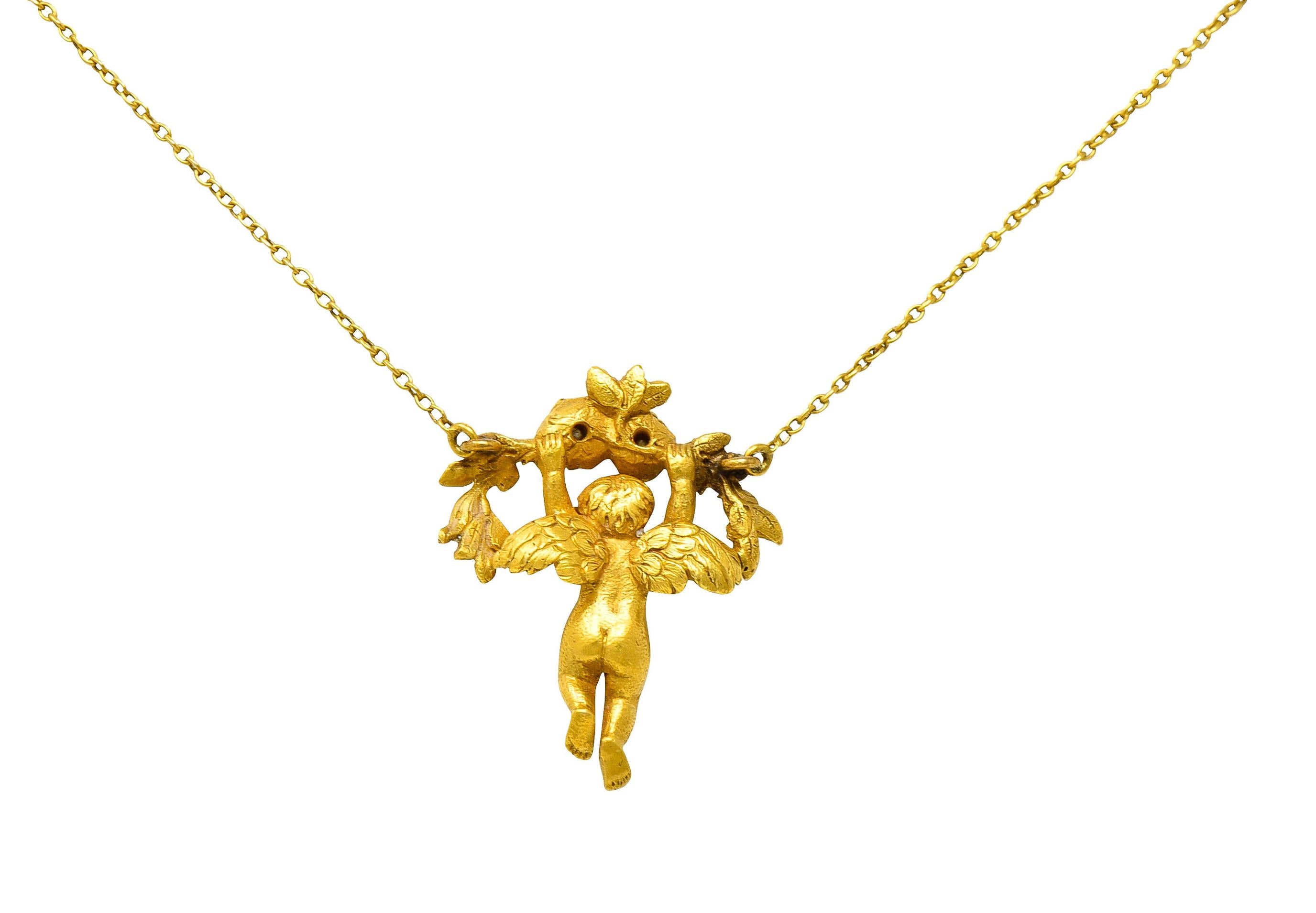 Women's or Men's Art Nouveau Diamond 18 Karat Yellow Gold Cherub Station Necklace