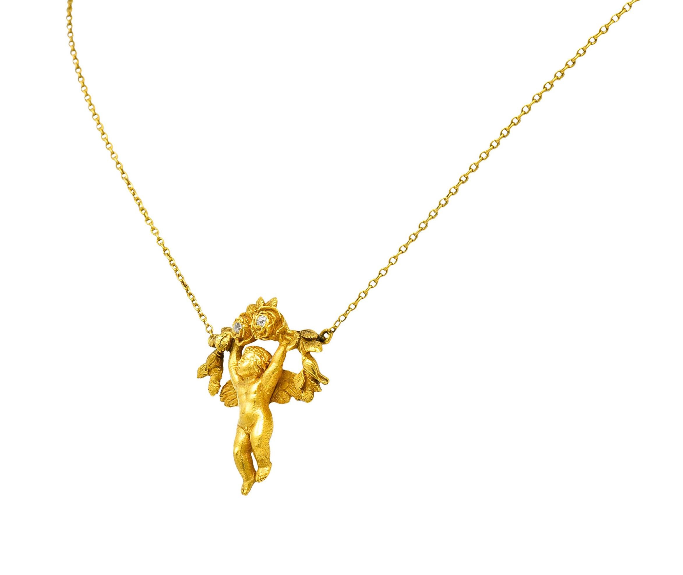 Art Nouveau Diamond 18 Karat Yellow Gold Cherub Station Necklace In Excellent Condition In Philadelphia, PA