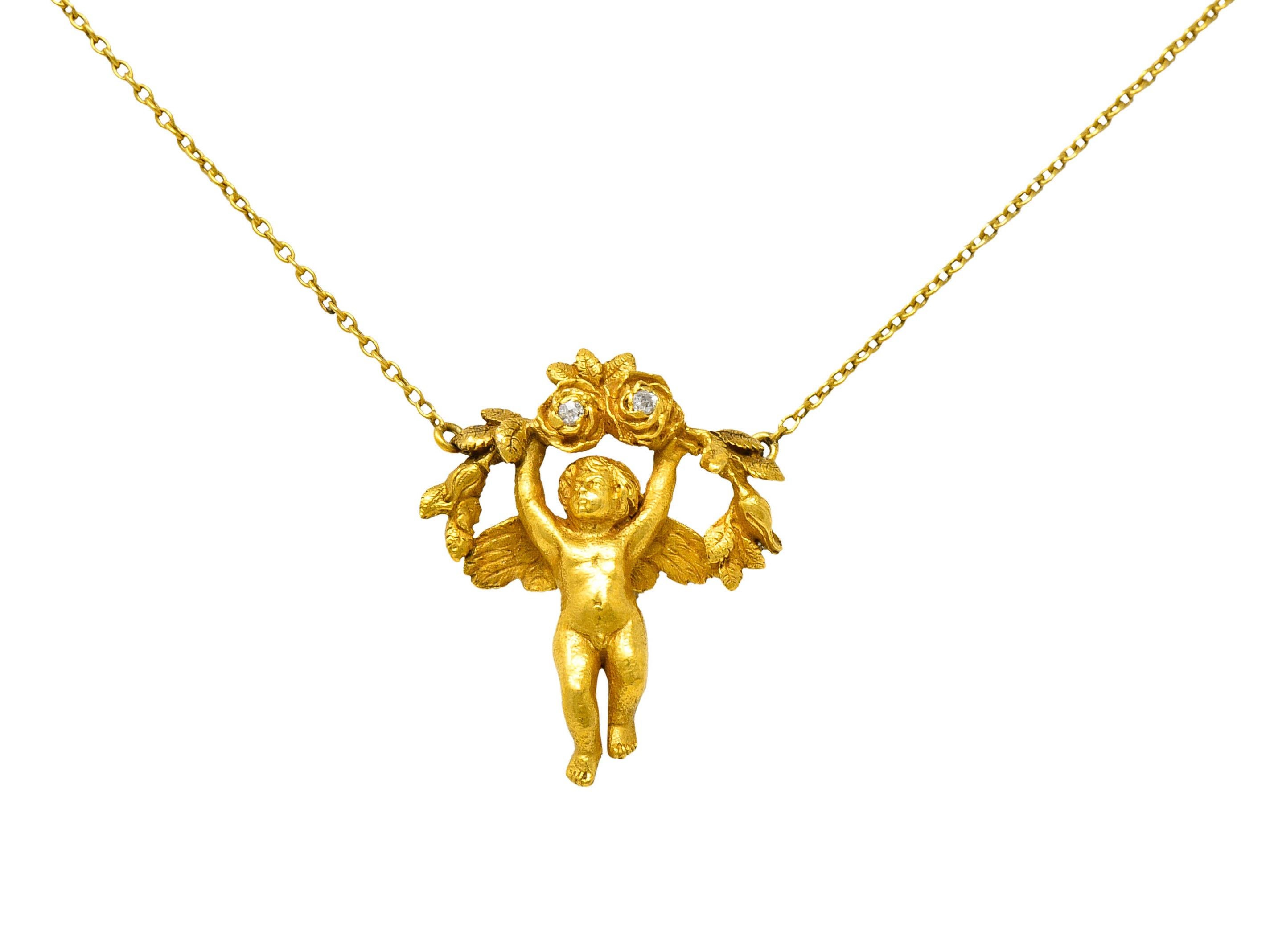 Art Nouveau Diamond 18 Karat Yellow Gold Cherub Station Necklace 5