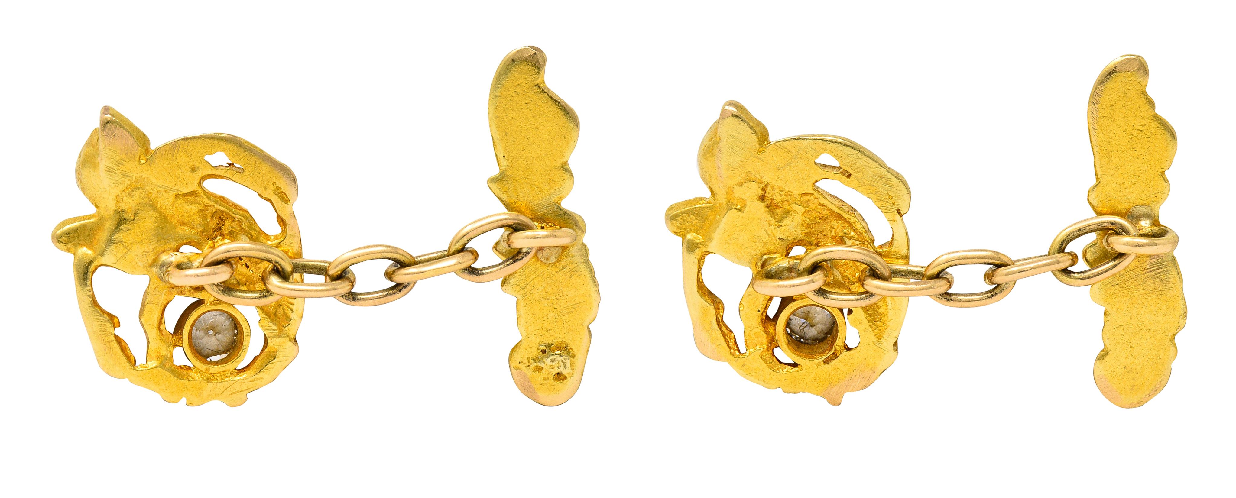 Antike Manschettenknöpfe für Männer im Jugendstil, Diamant 18 Karat Gelbgold Amor (Art nouveau) im Angebot
