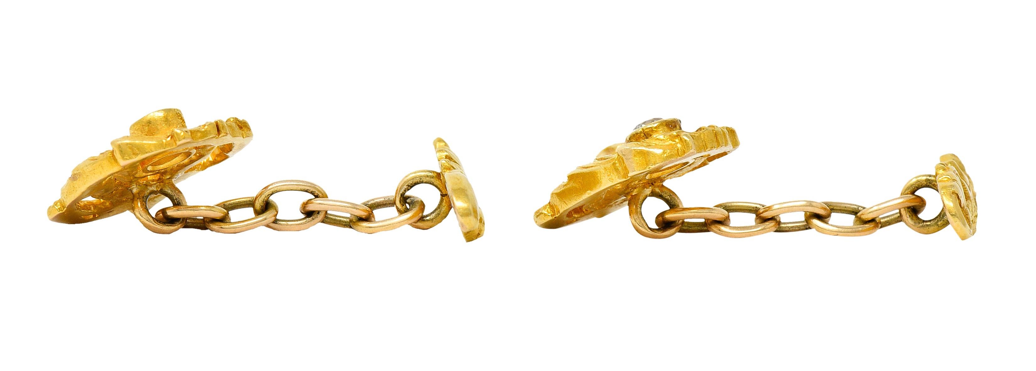 Boutons de manchette anciens Cupidon Art Nouveau en or jaune 18 carats et diamants pour hommes Excellent état - En vente à Philadelphia, PA