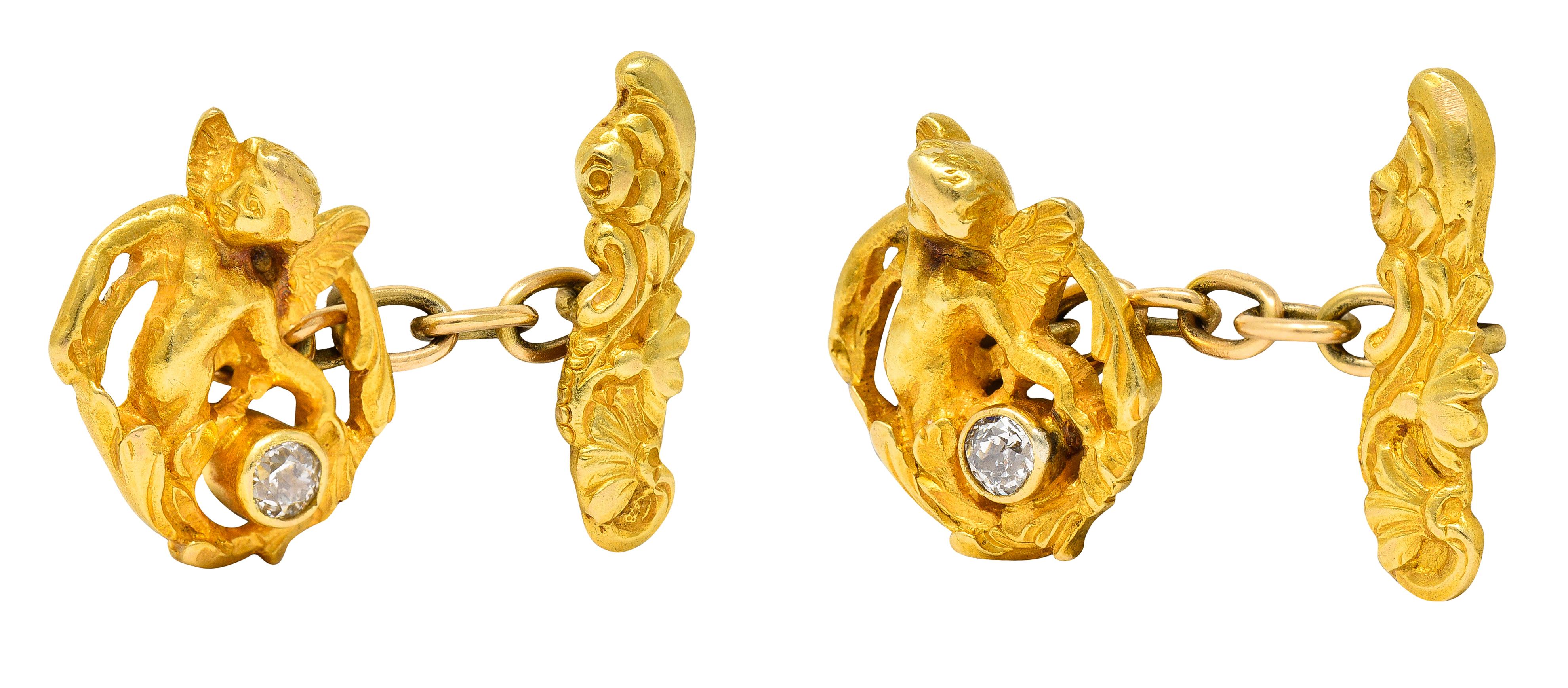Women's or Men's Art Nouveau Diamond 18 Karat Yellow Gold Cupid Men's Antique Cufflinks For Sale