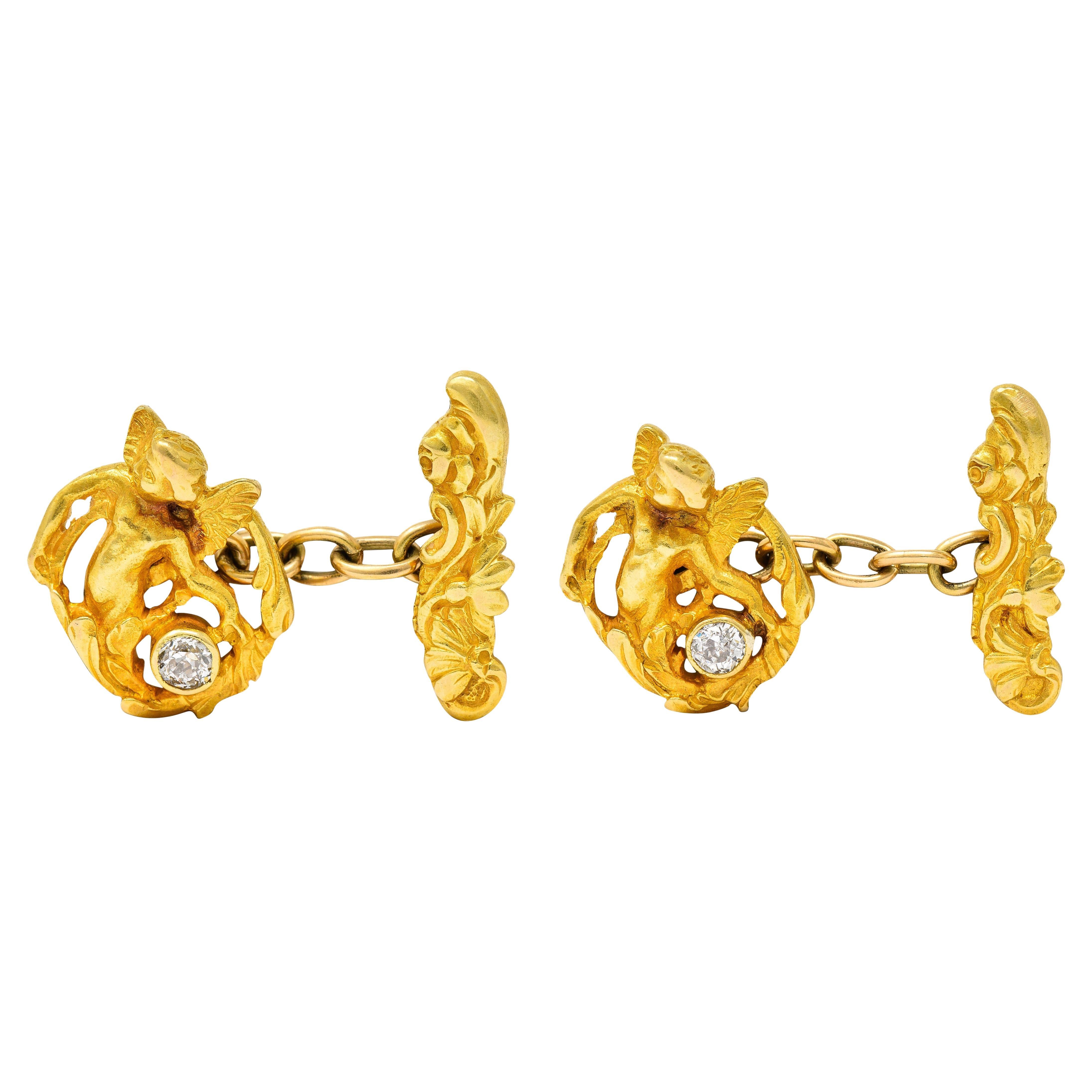 Art Nouveau Diamond 18 Karat Yellow Gold Cupid Men's Antique Cufflinks