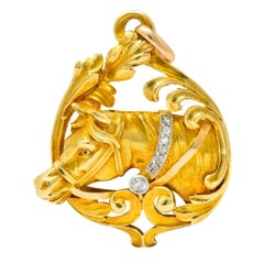 Art Nouveau Diamond 18 Karat Yellow Gold Horse Equestrian Pendant