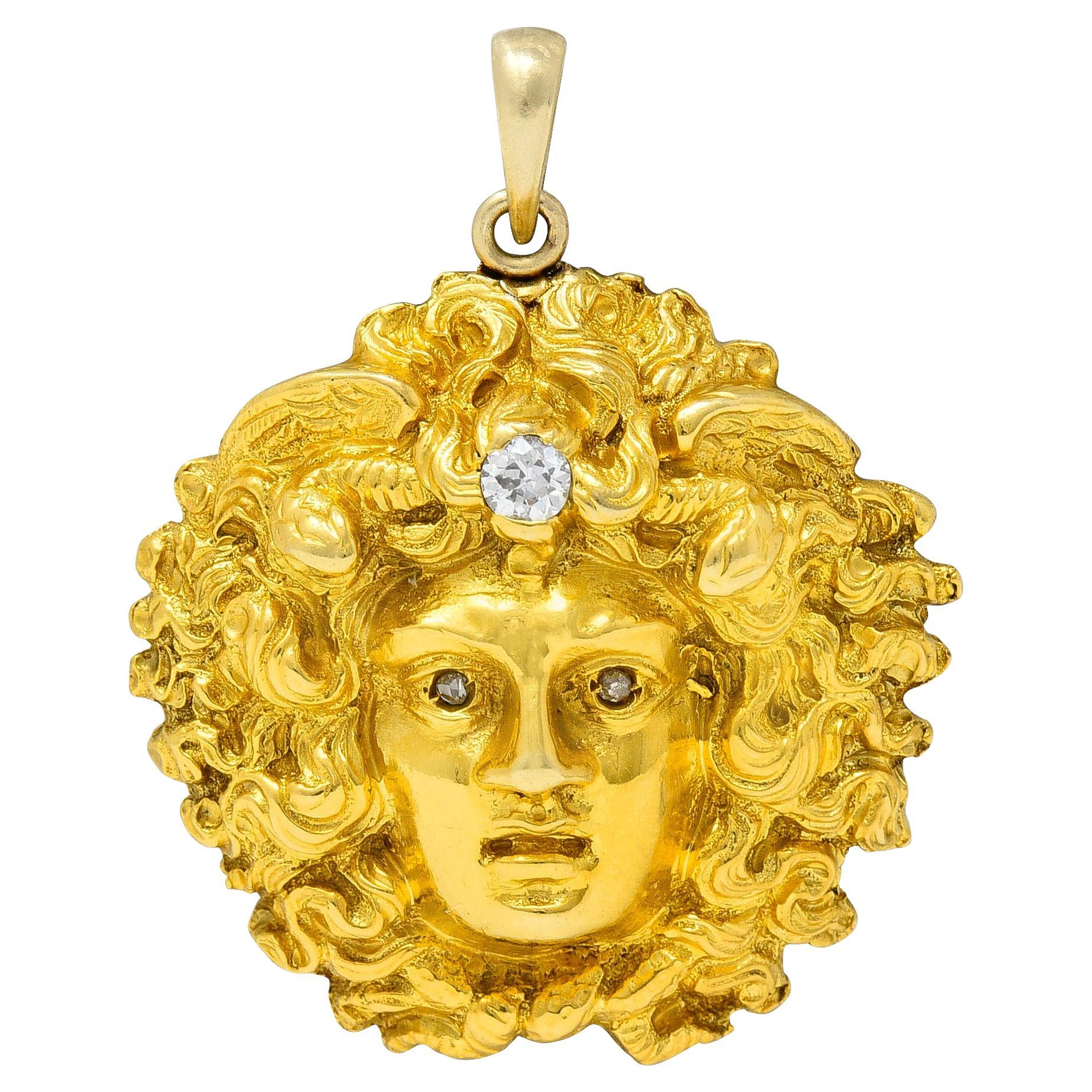 Art Nouveau Diamond 18 Karat Yellow Gold Winged Medusa Head Antique Pendant