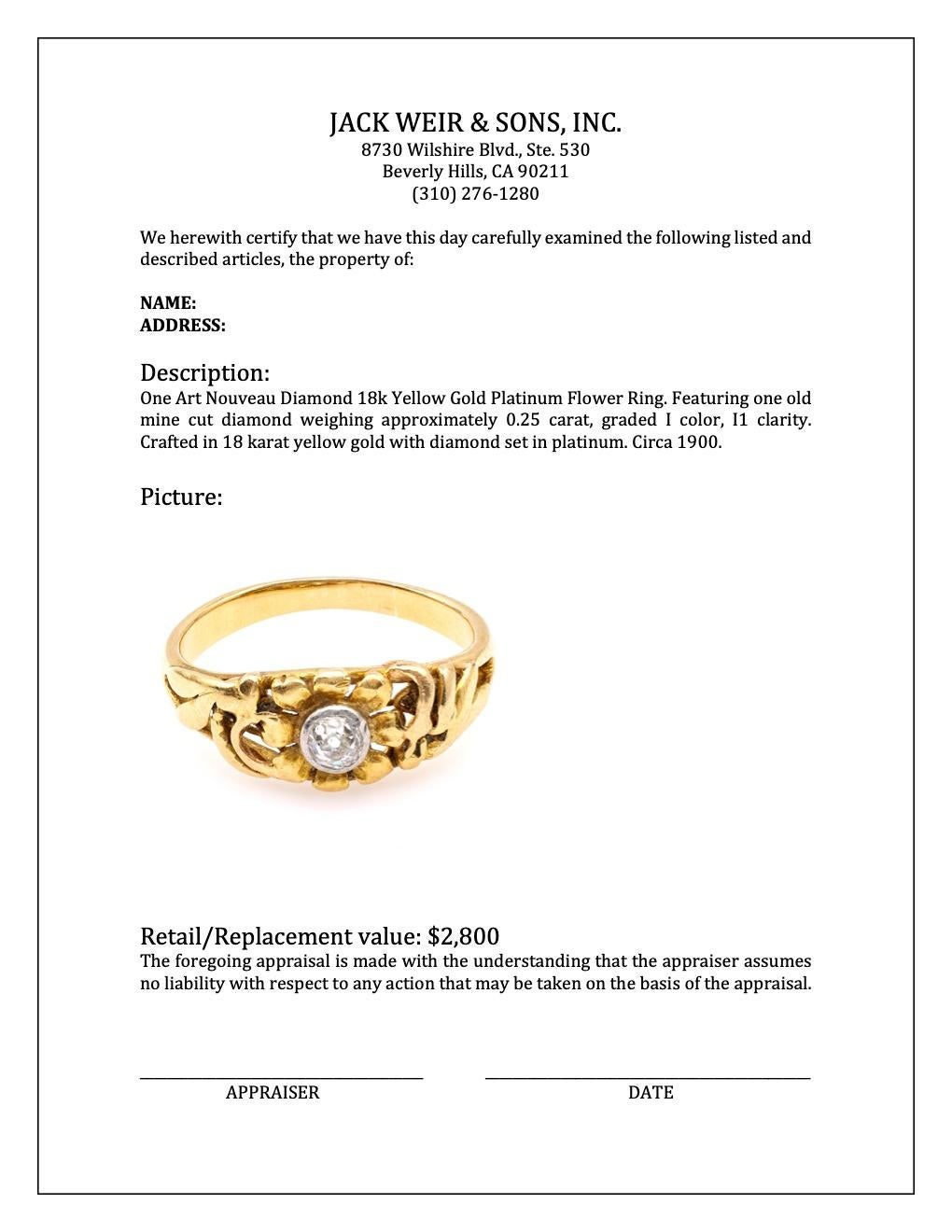 Jugendstil-Blumenring, Diamant 18 Karat Gelbgold Platin mit Diamant 1