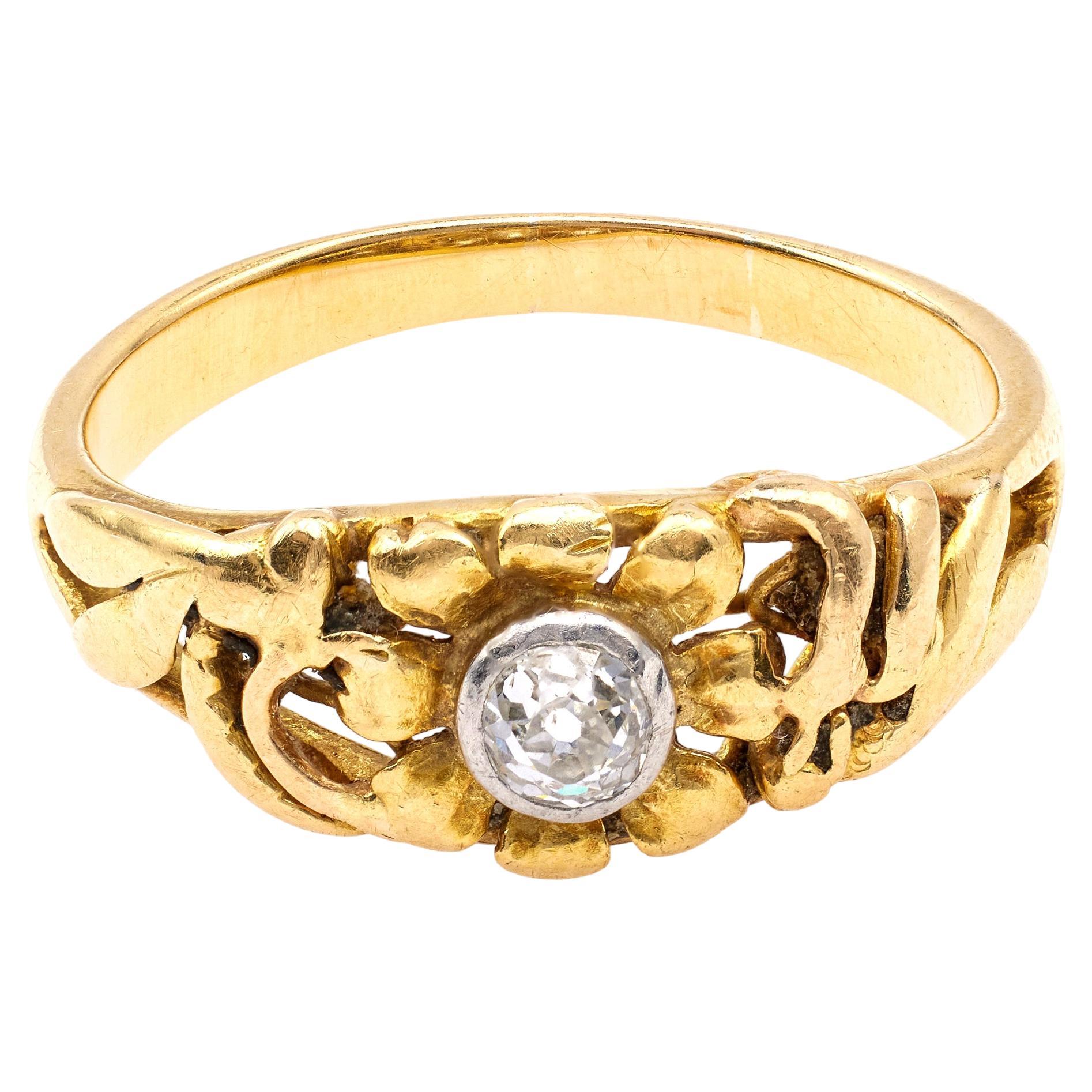 Art Nouveau Diamond 18k Yellow Gold Platinum Flower Ring