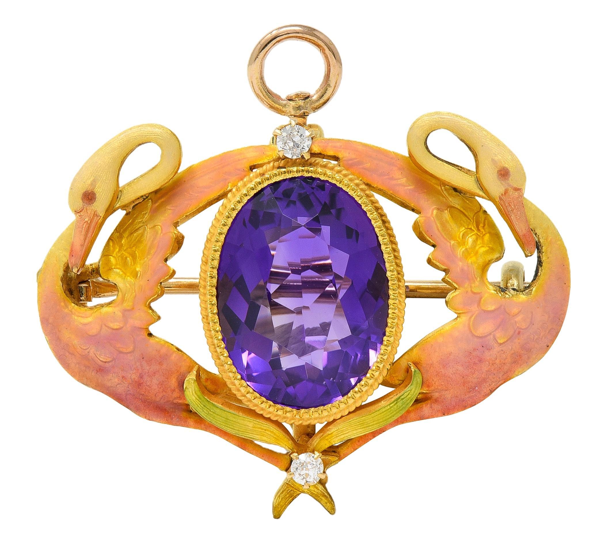 Oval Cut Art Nouveau Diamond Amethyst Enamel 18K Yellow Gold Antique Swan Pendant Brooch For Sale