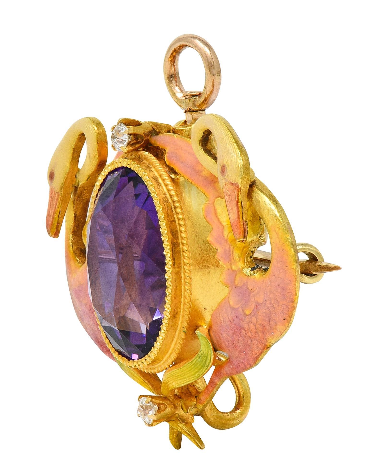 Art Nouveau Diamond Amethyst Enamel 18K Yellow Gold Antique Swan Pendant Brooch In Excellent Condition For Sale In Philadelphia, PA