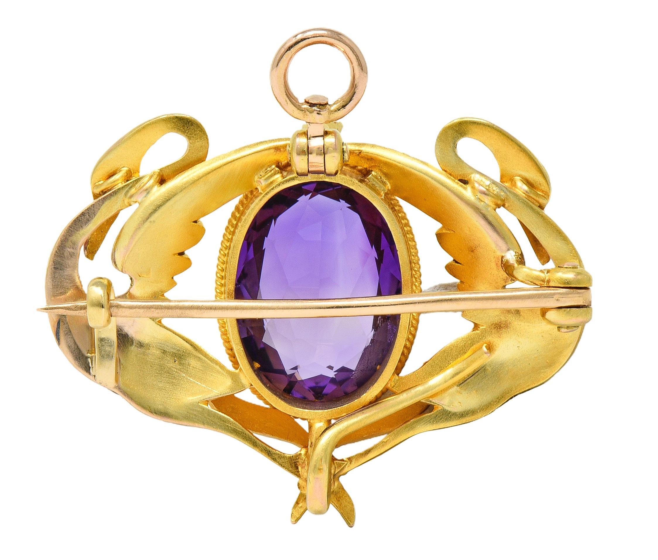 Women's Art Nouveau Diamond Amethyst Enamel 18K Yellow Gold Antique Swan Pendant Brooch For Sale