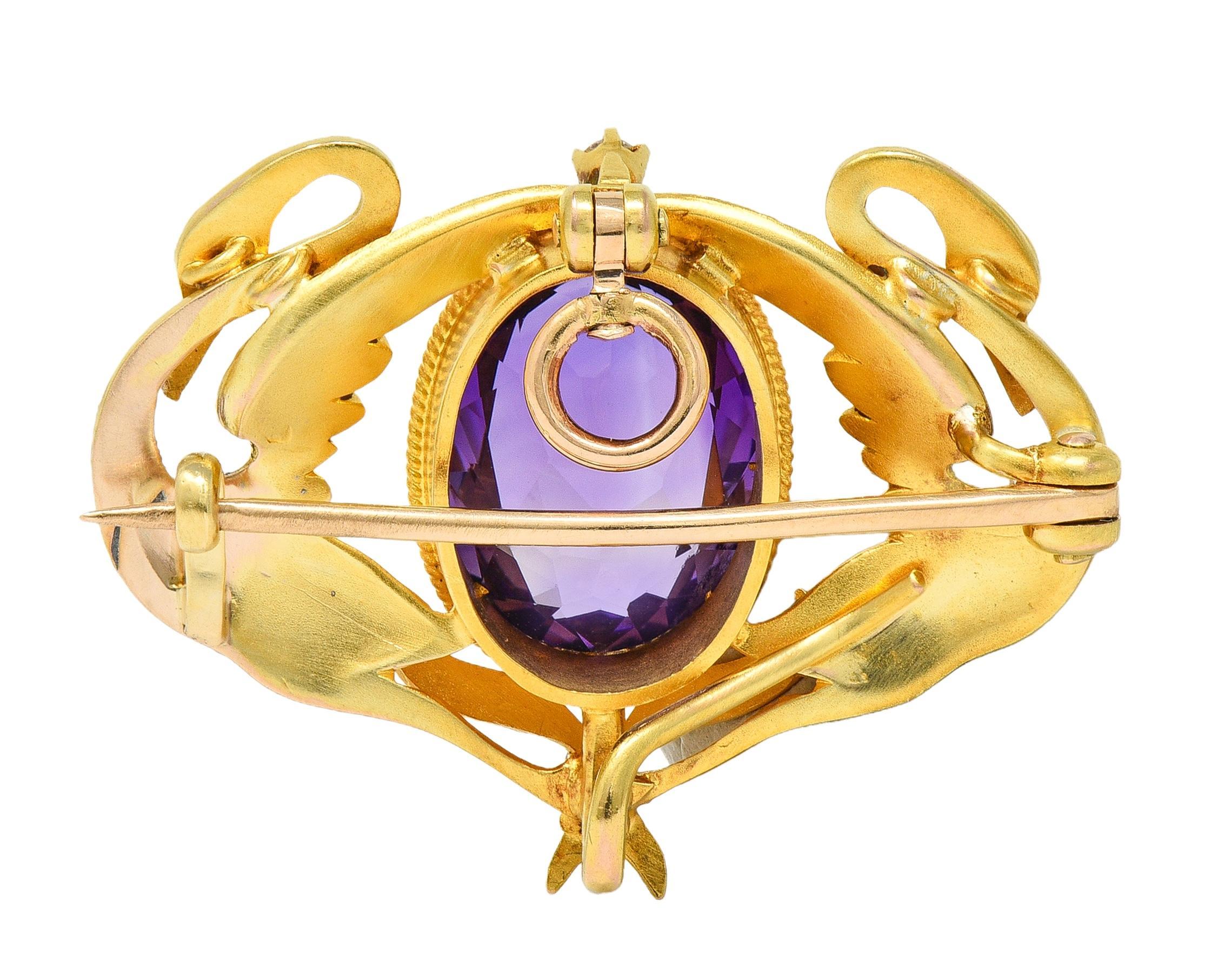 Art Nouveau Diamond Amethyst Enamel 18K Yellow Gold Antique Swan Pendant Brooch For Sale 1