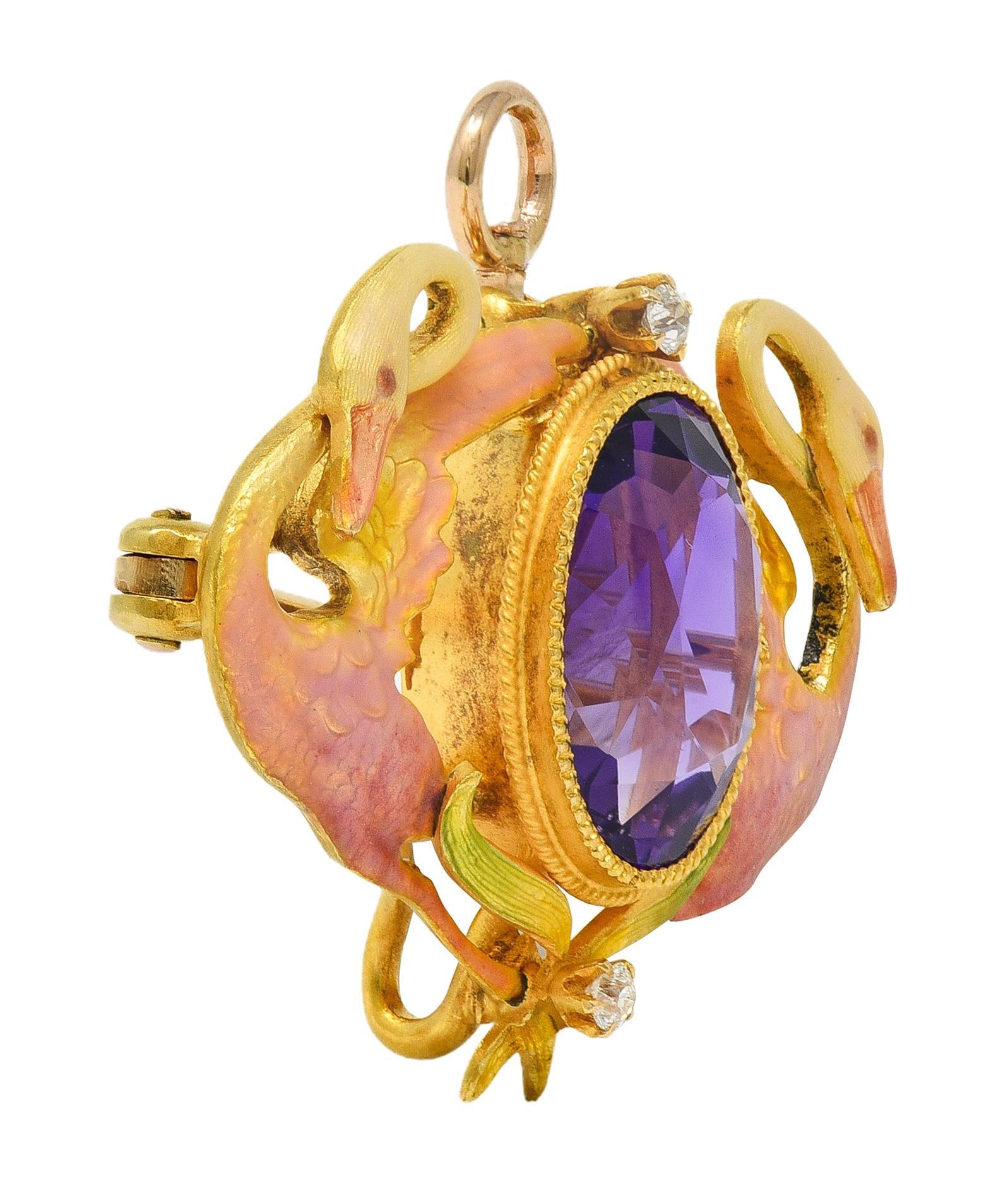 Art Nouveau Diamond Amethyst Enamel 18K Yellow Gold Antique Swan Pendant Brooch For Sale 2