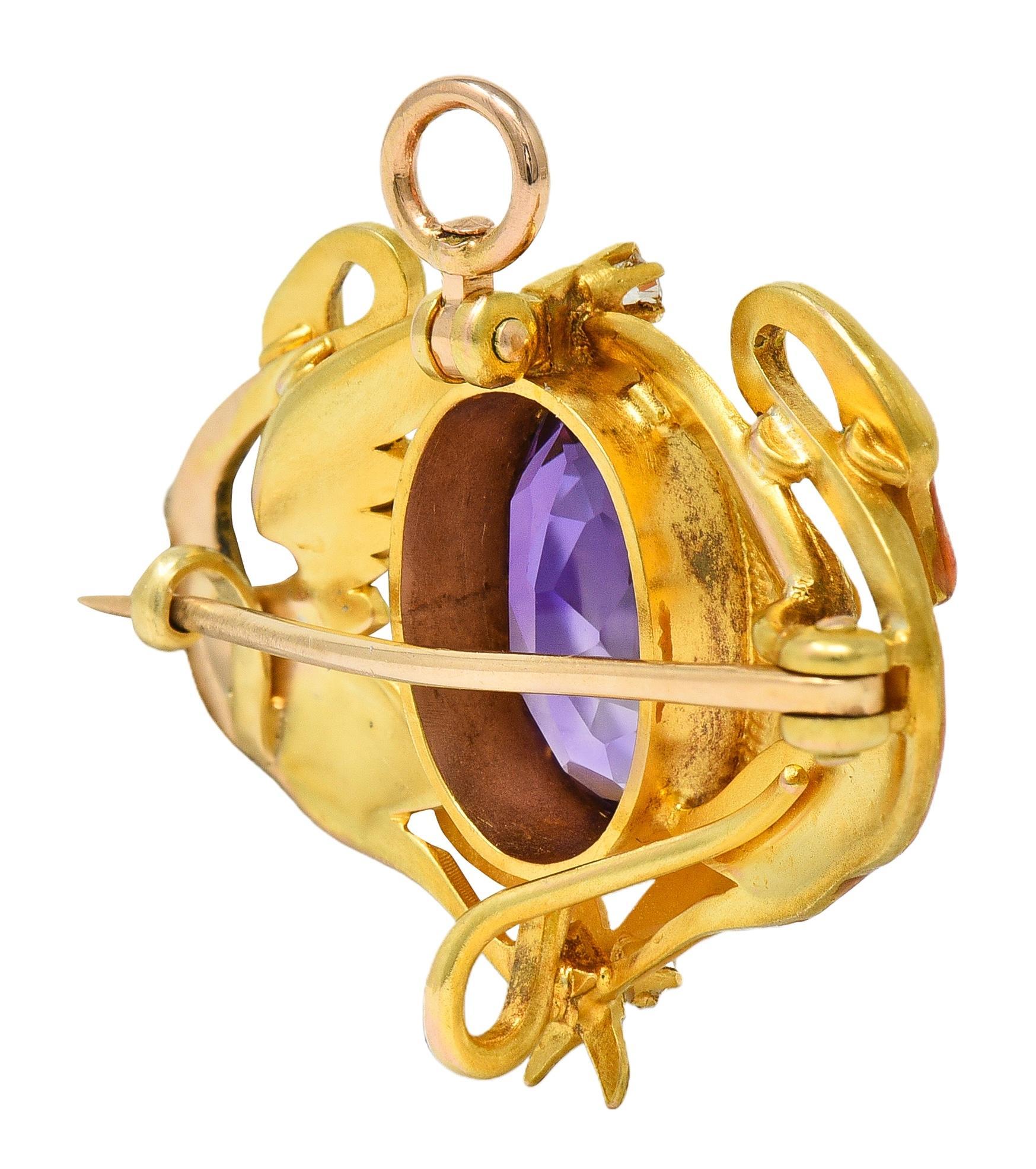 Art Nouveau Diamond Amethyst Enamel 18K Yellow Gold Antique Swan Pendant Brooch For Sale 3