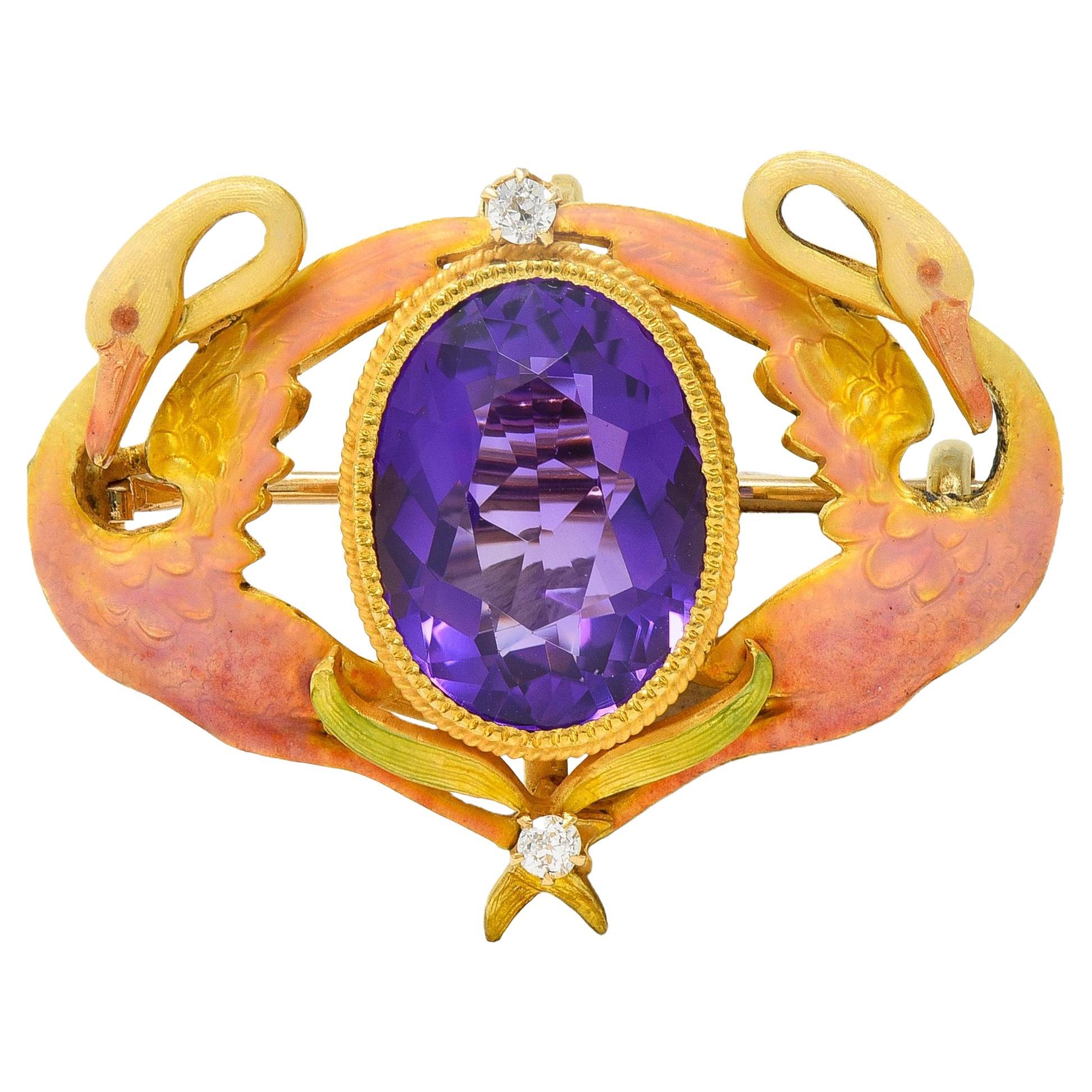 Art Nouveau Diamond Amethyst Enamel 18K Yellow Gold Antique Swan Pendant Brooch For Sale