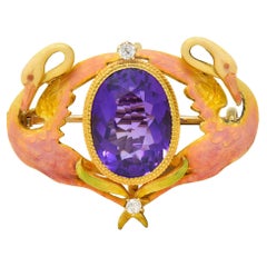 Art Nouveau Diamond Amethyst Enamel 18K Yellow Gold Antique Swan Pendant Brooch