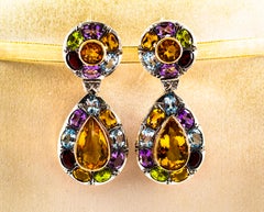 Art Nouveau Diamond Amethyst Garnet Quartz Peridot Citrine Yellow Gold Earrings