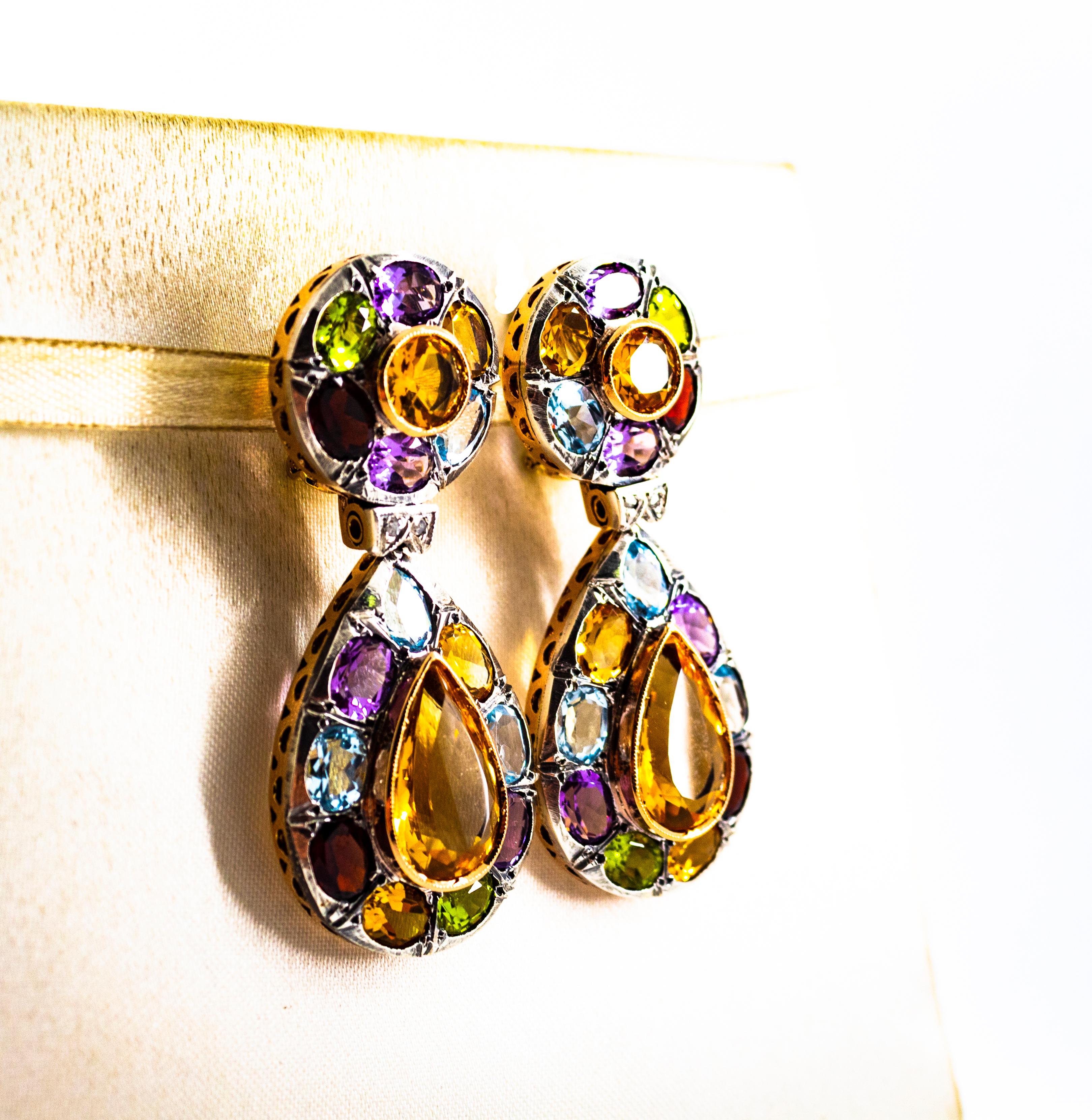 Mixed Cut Art Nouveau Diamond Amethyst Garnet Quartz Peridot Citrine Yellow Gold Earrings