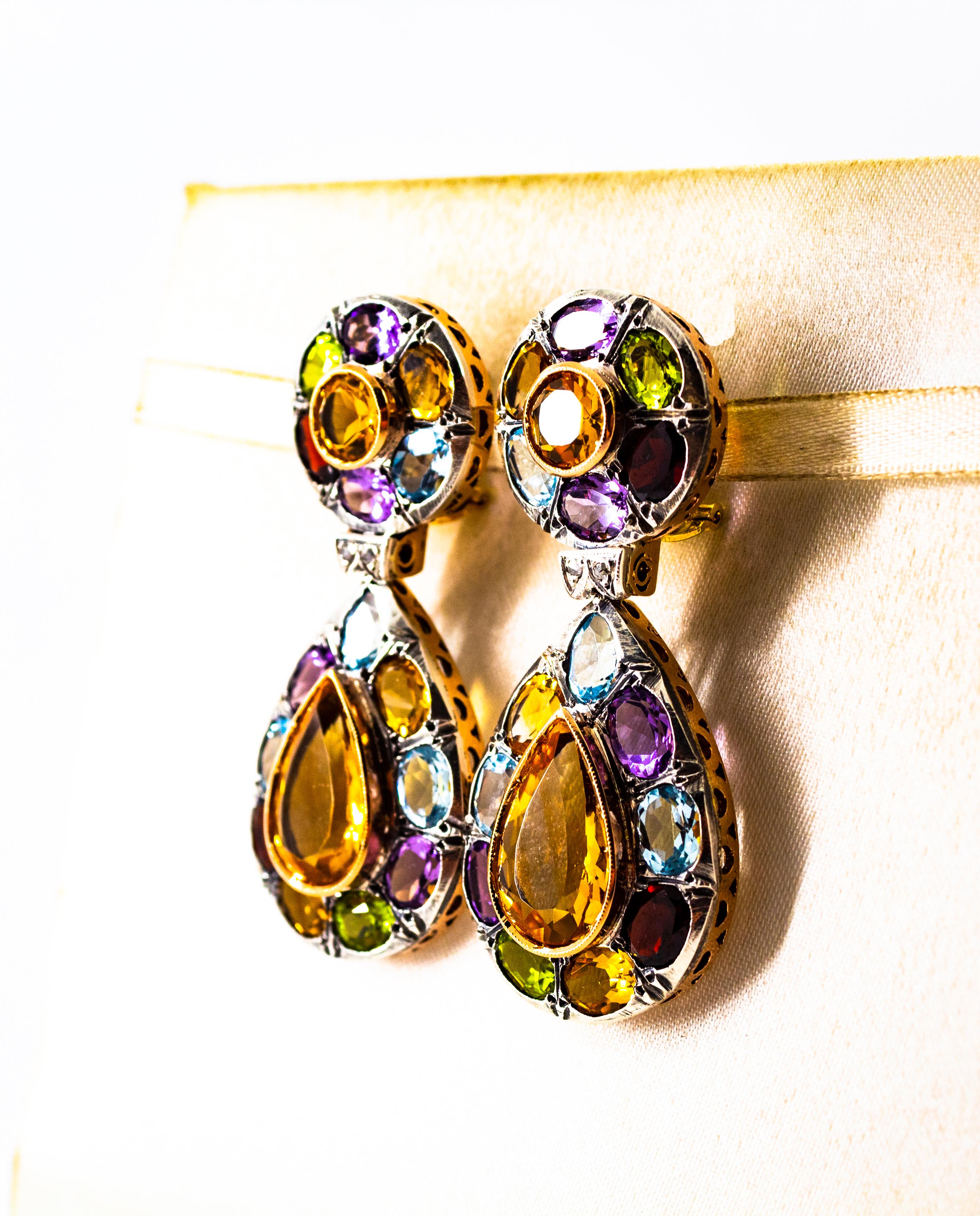 Art Nouveau Diamond Amethyst Garnet Quartz Peridot Citrine Yellow Gold Earrings In New Condition In Naples, IT
