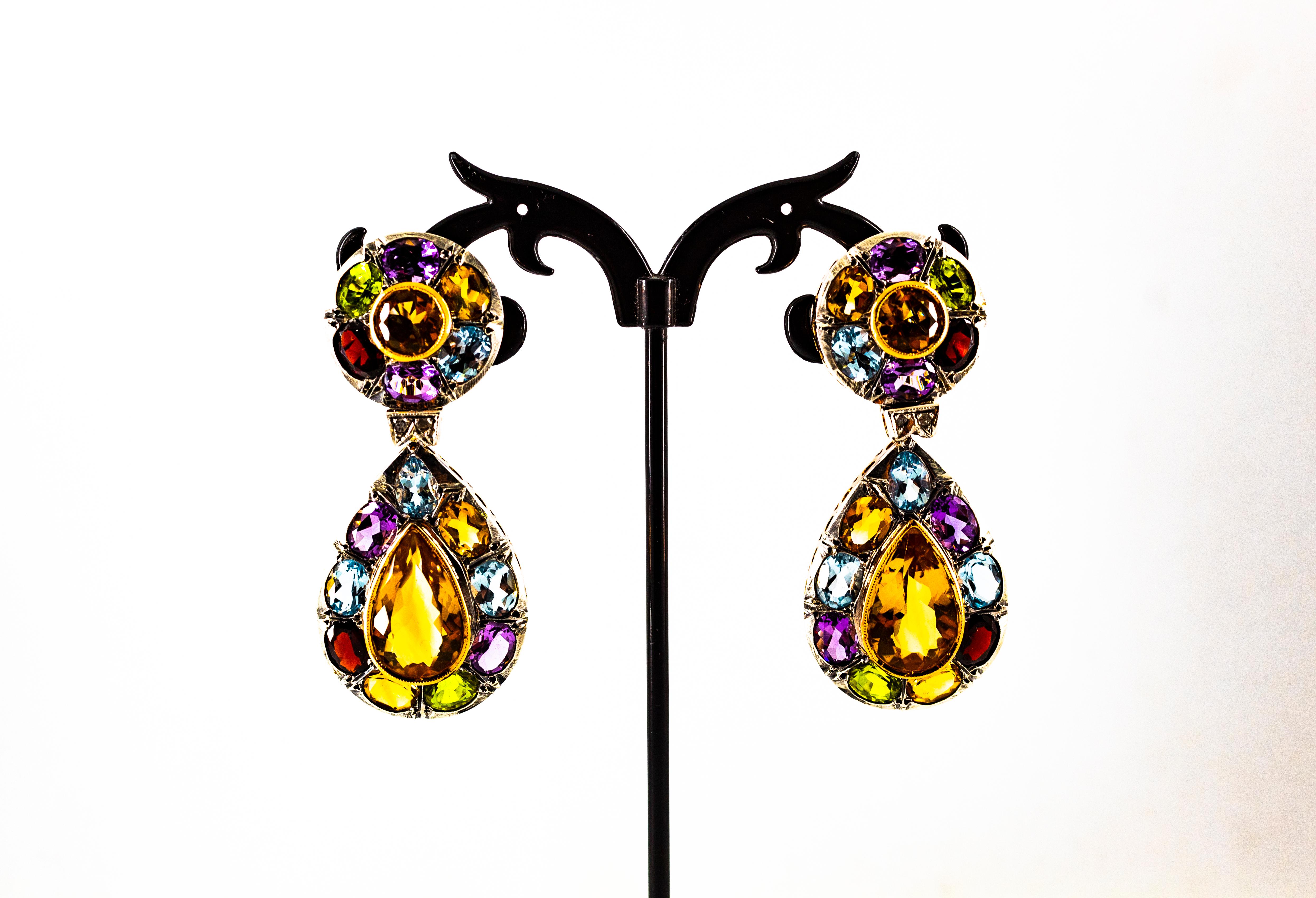 Women's or Men's Art Nouveau Diamond Amethyst Garnet Quartz Peridot Citrine Yellow Gold Earrings