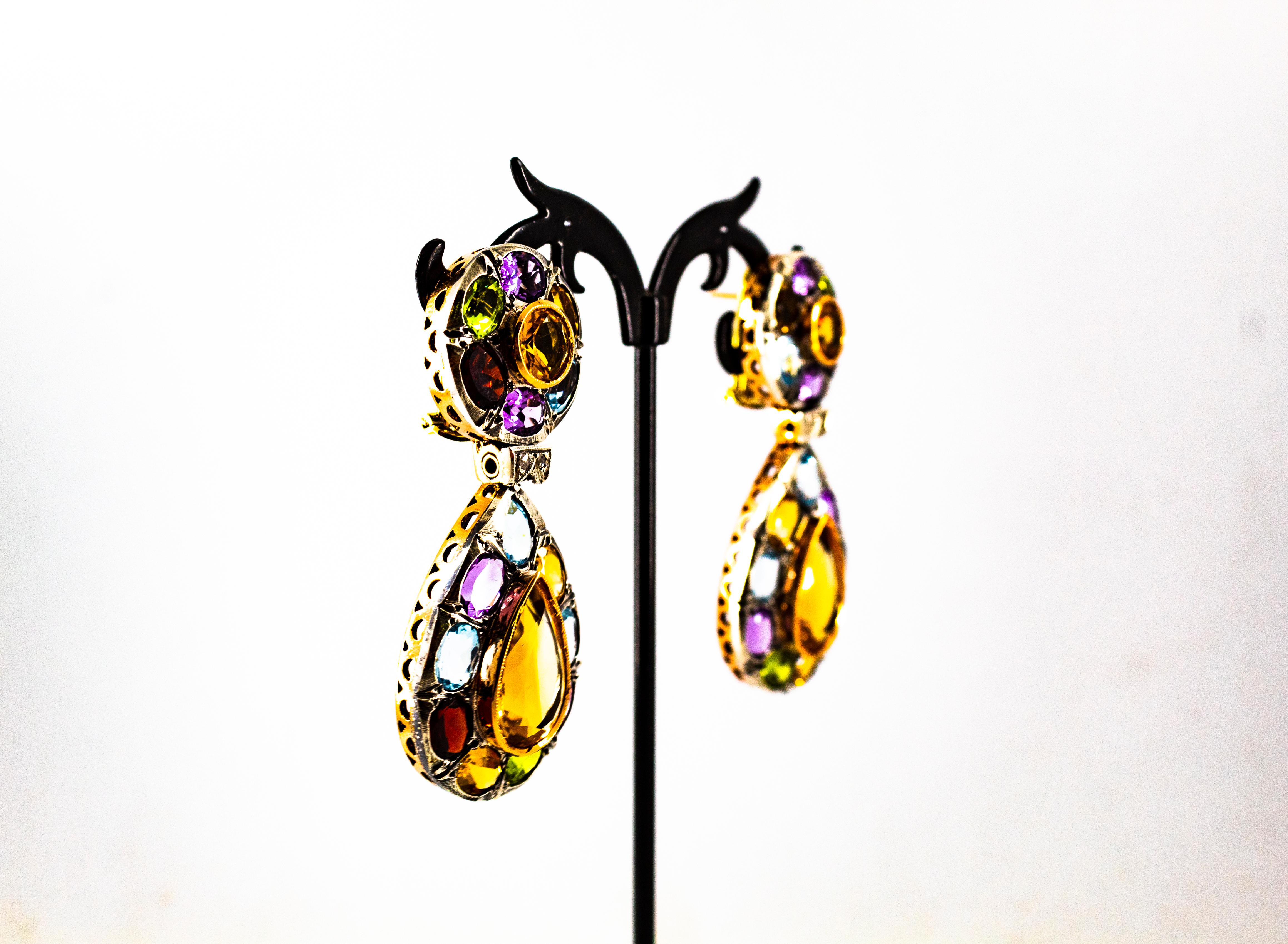 Art Nouveau Diamond Amethyst Garnet Quartz Peridot Citrine Yellow Gold Earrings In New Condition In Naples, IT
