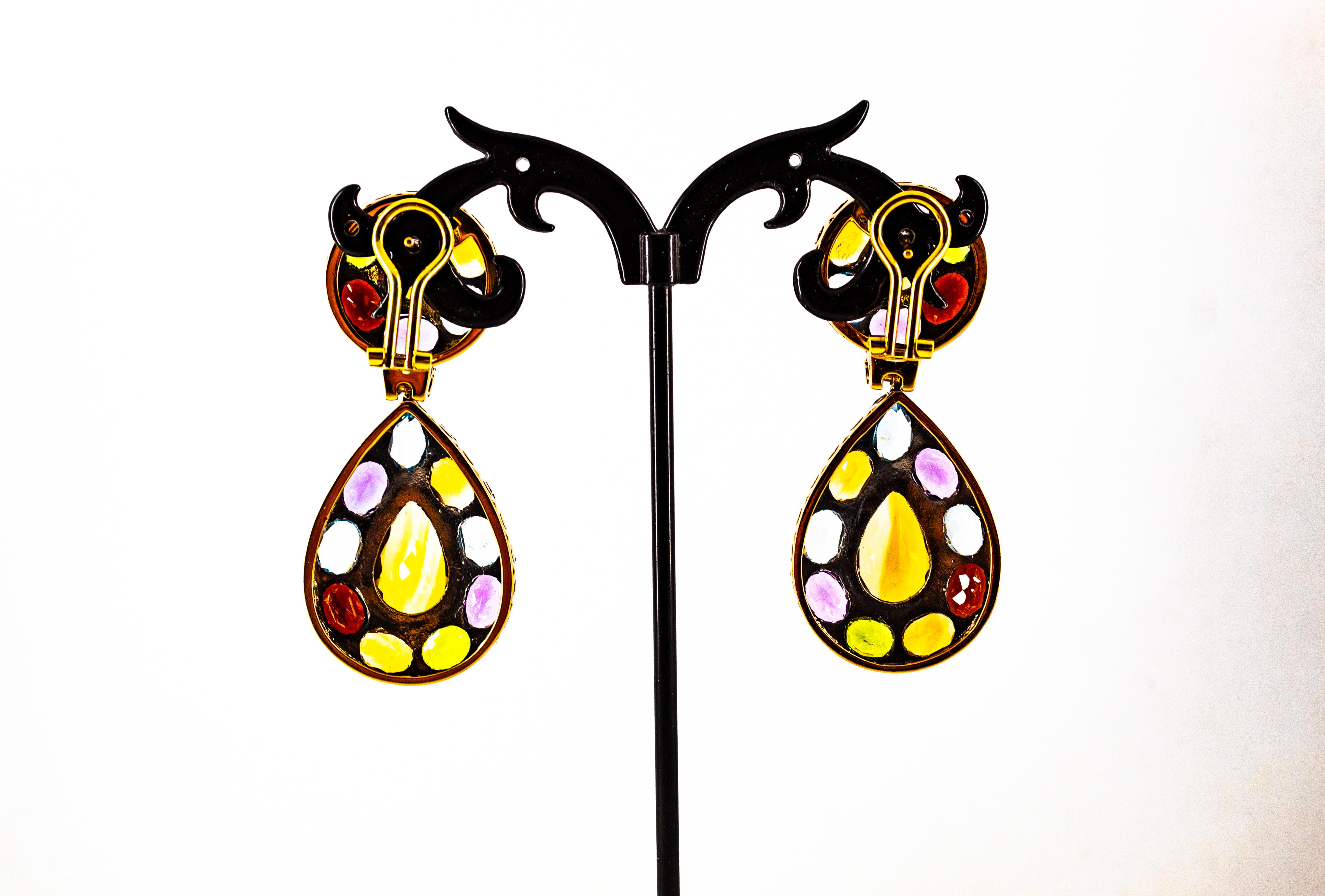 Women's or Men's Art Nouveau Diamond Amethyst Garnet Quartz Peridot Citrine Yellow Gold Earrings