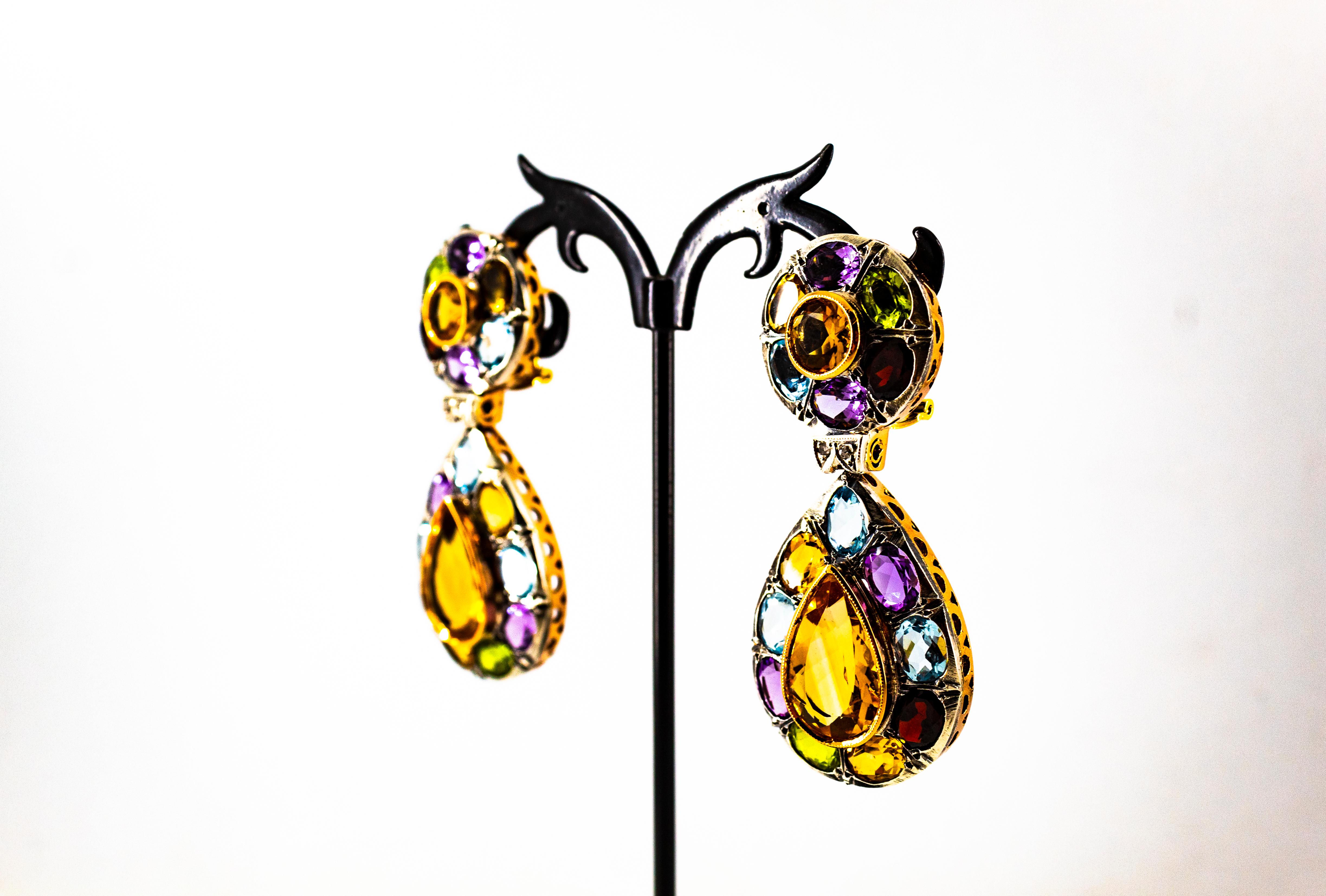 Art Nouveau Diamond Amethyst Garnet Quartz Peridot Citrine Yellow Gold Earrings 3