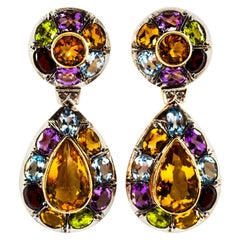 Orecchini Art Nouveau in oro giallo con diamante, ametista, granato, quarzo, peridoto e citrino
