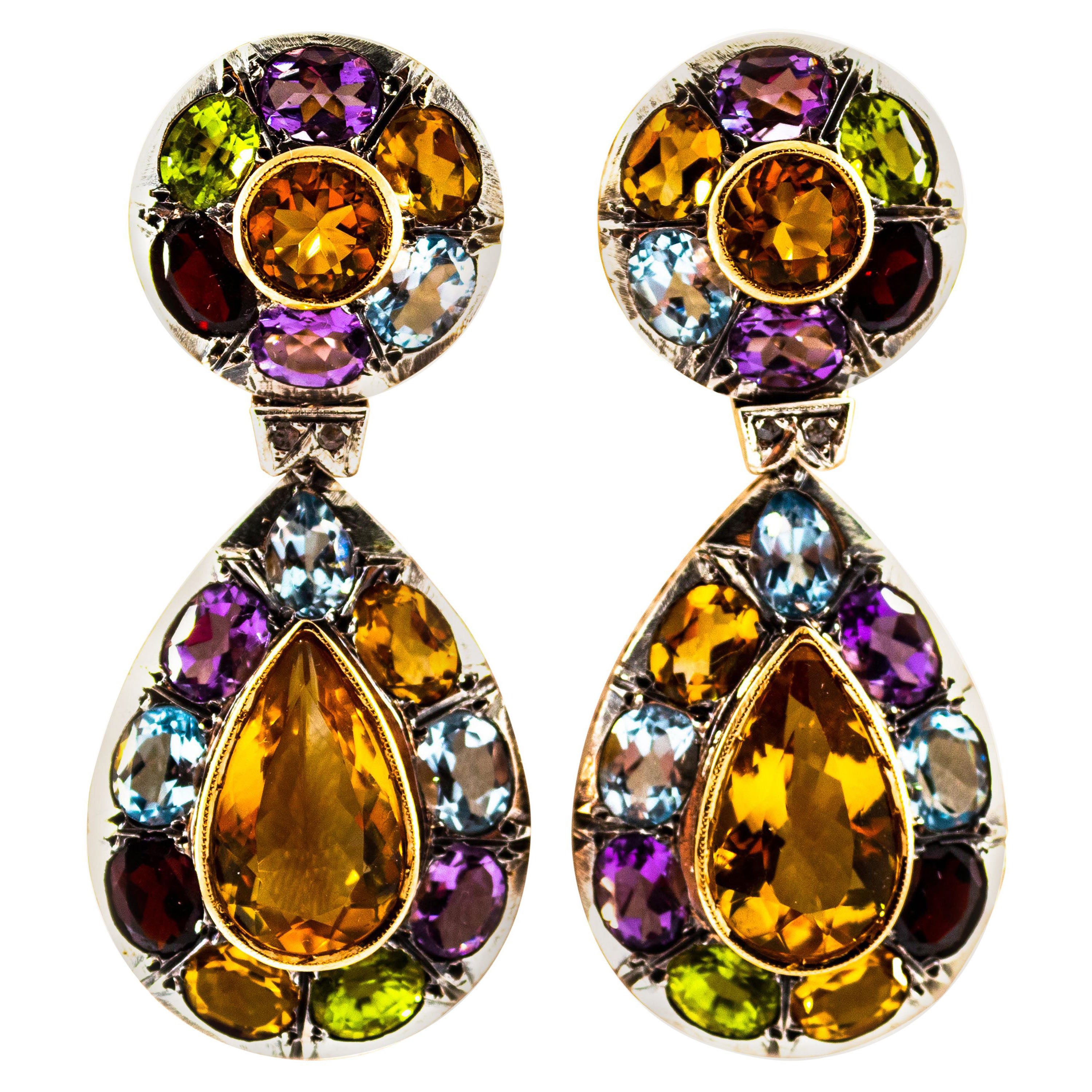 Orecchini Art Nouveau in oro giallo con diamante, ametista, granato, quarzo, peridoto e citrino