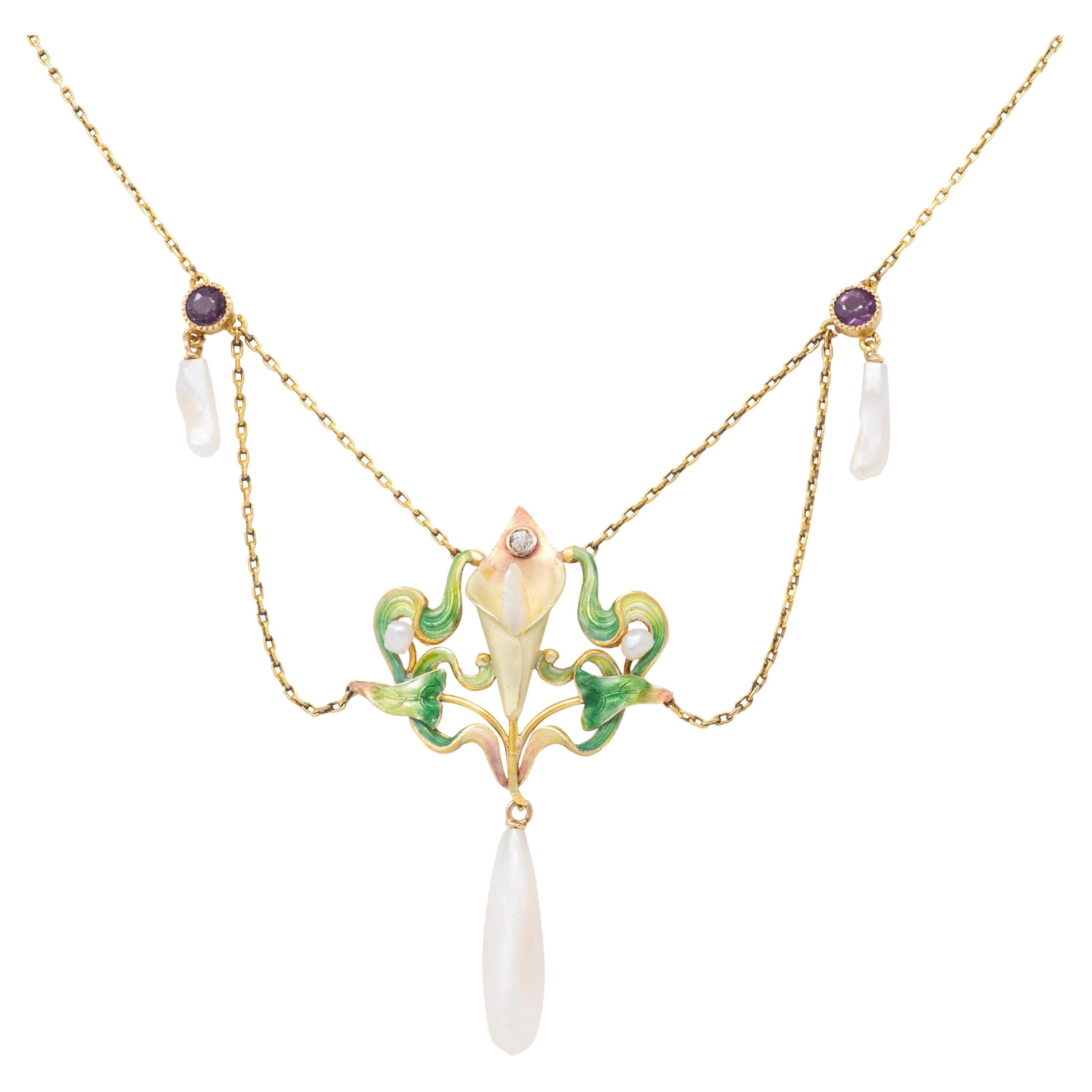 Art Nouveau Diamond Amethyst Pearl 14K Gold Antique Swagged Calla Lily Necklace im Angebot