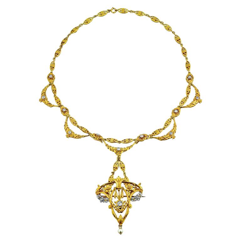 Art Nouveau Diamond and Gold Pendant Necklace