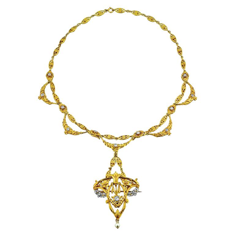 Art Nouveau Diamond and Gold Pendant Necklace For Sale at 1stDibs