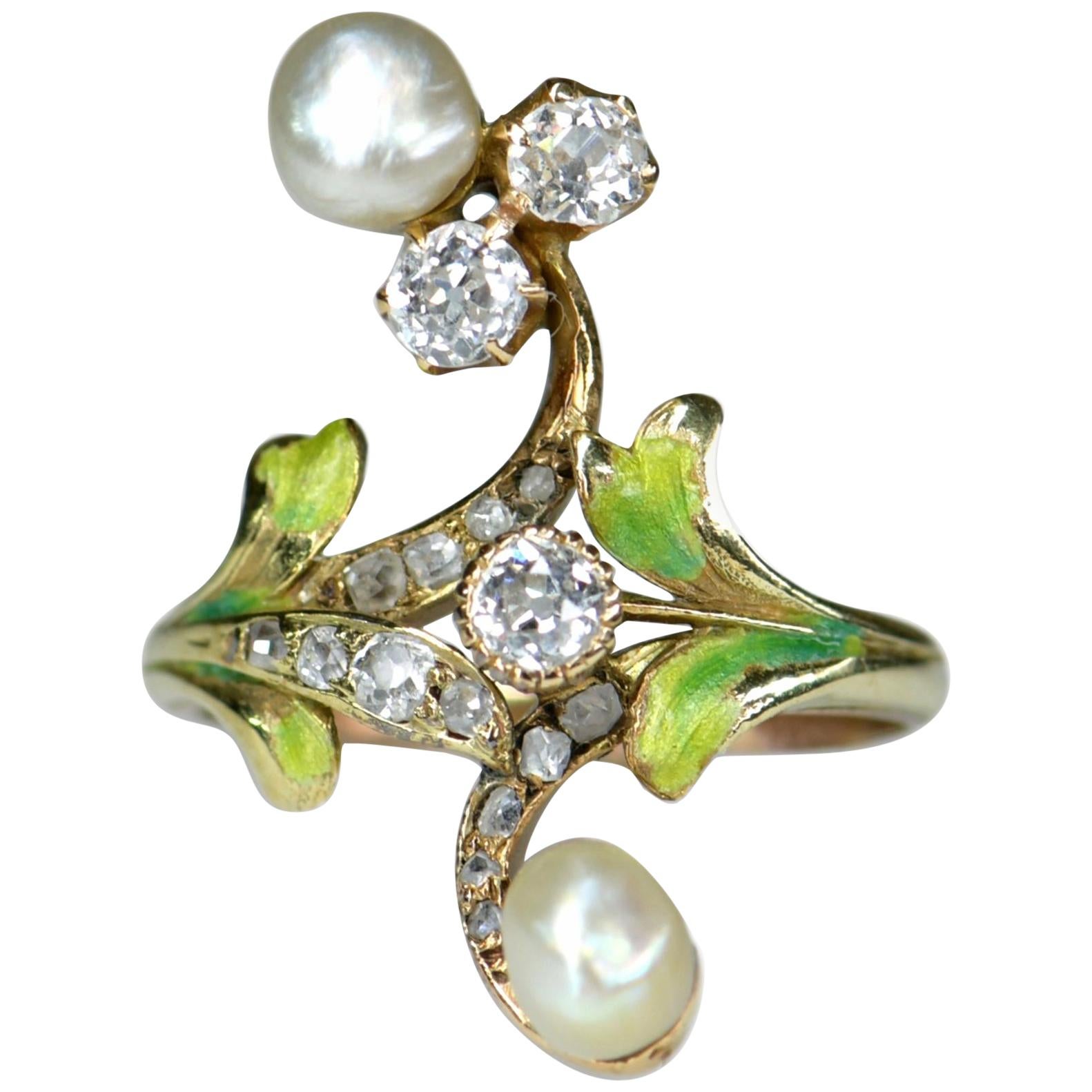 Art Nouveau Diamond and Natural Pearl Plique A Jour Enamel Antique Ring