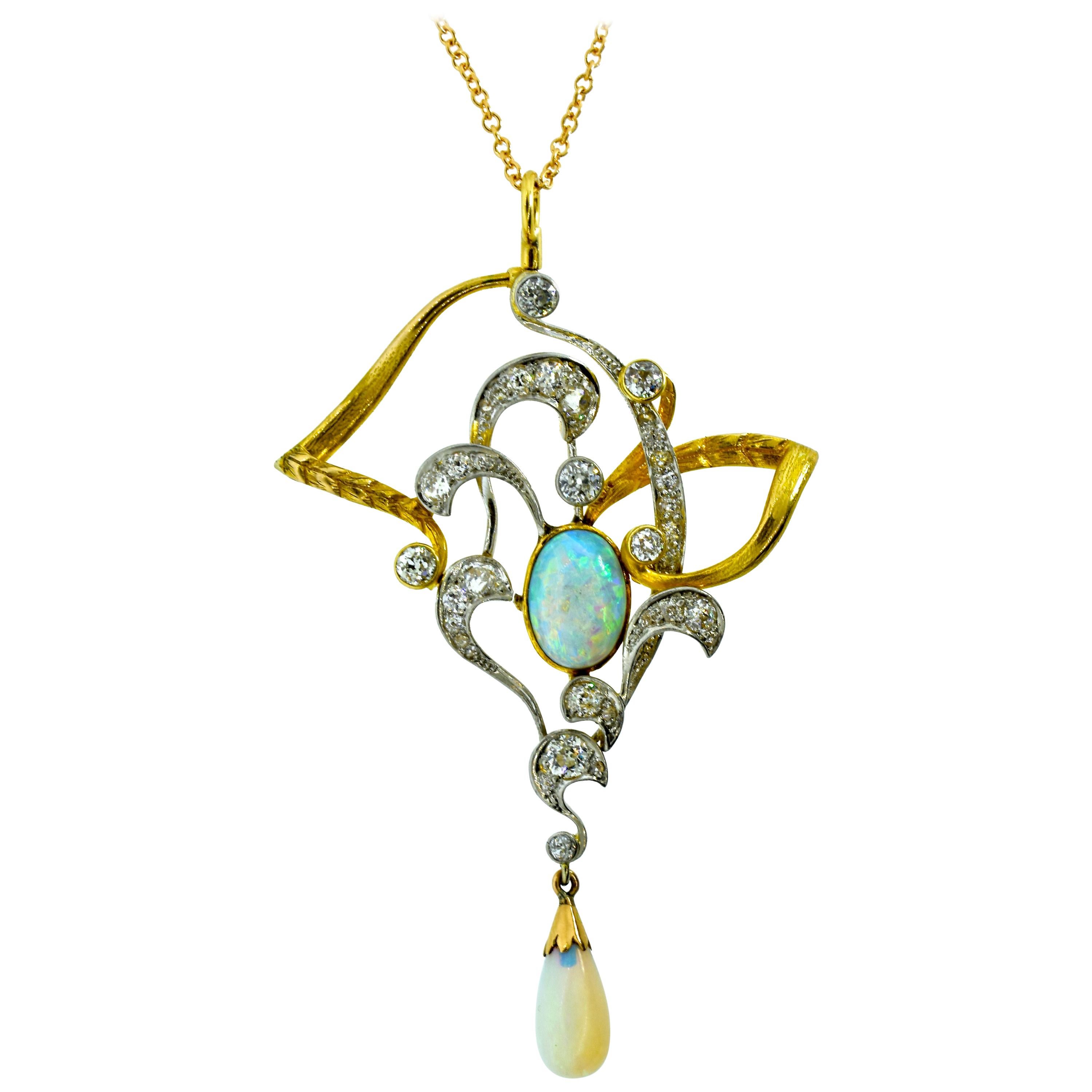 Art Nouveau Diamond and Opal Pendant by LeBolt & Co., circa 1905