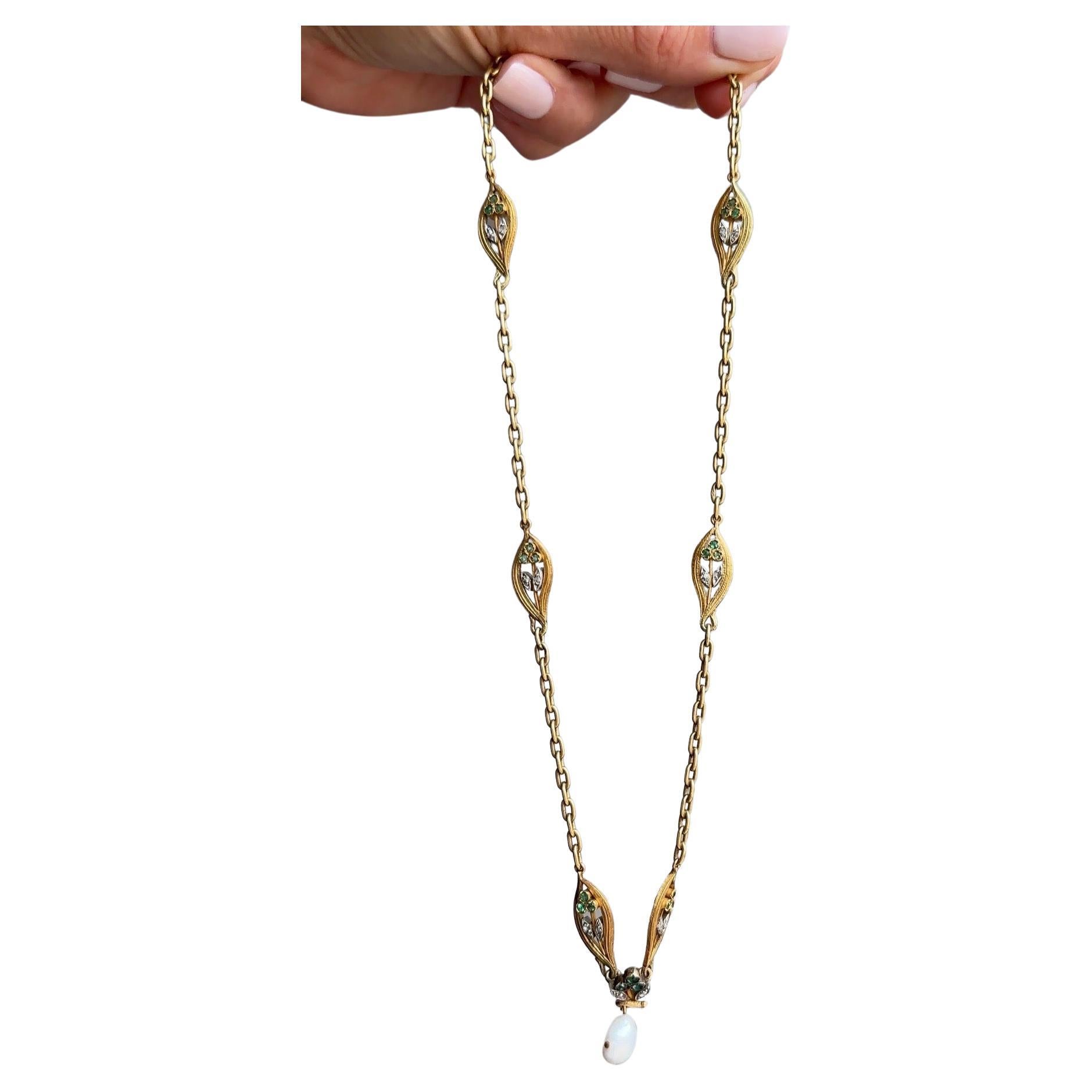 18K French Art Nouveau Diamond, Tsavorite and Pearl Fancy Link Station Necklace For Sale