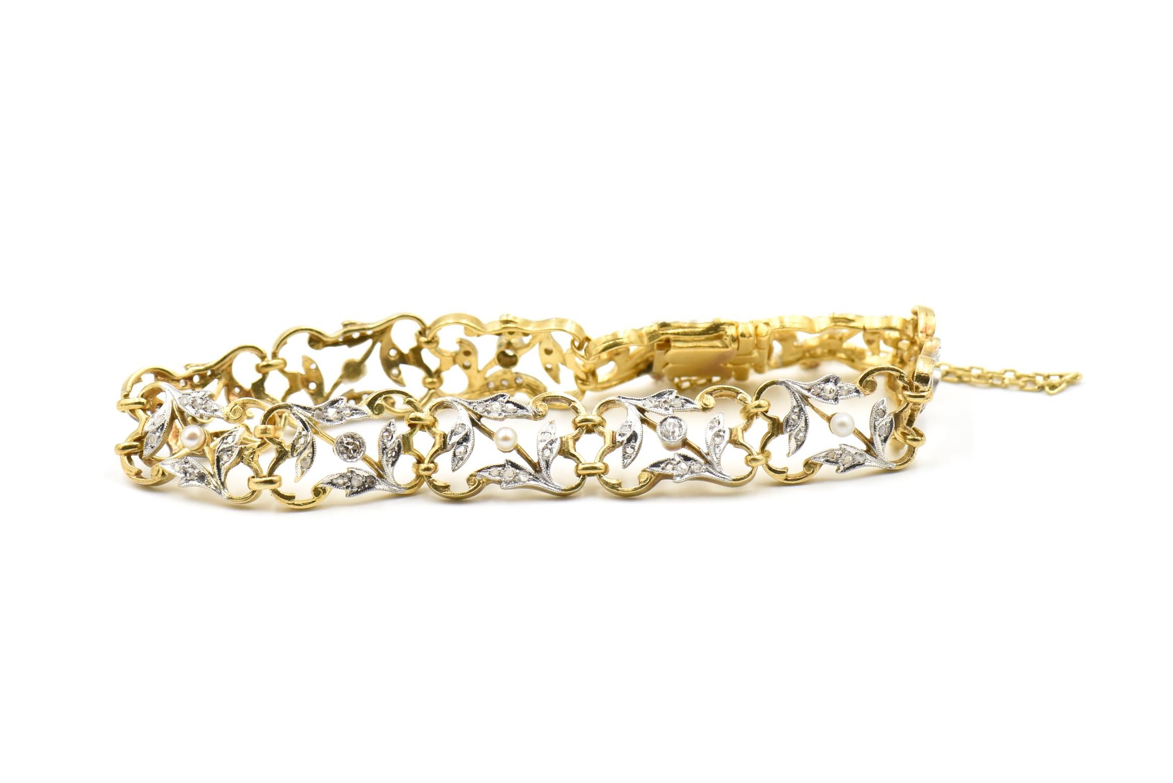 Art Nouveau Diamond and Pearl Garland Gold Bracelet