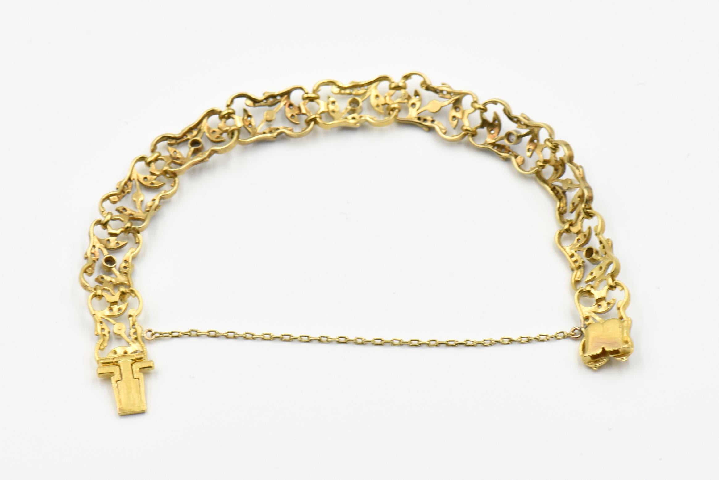 Women's Art Nouveau Diamond and Pearl Garland Gold Bracelet