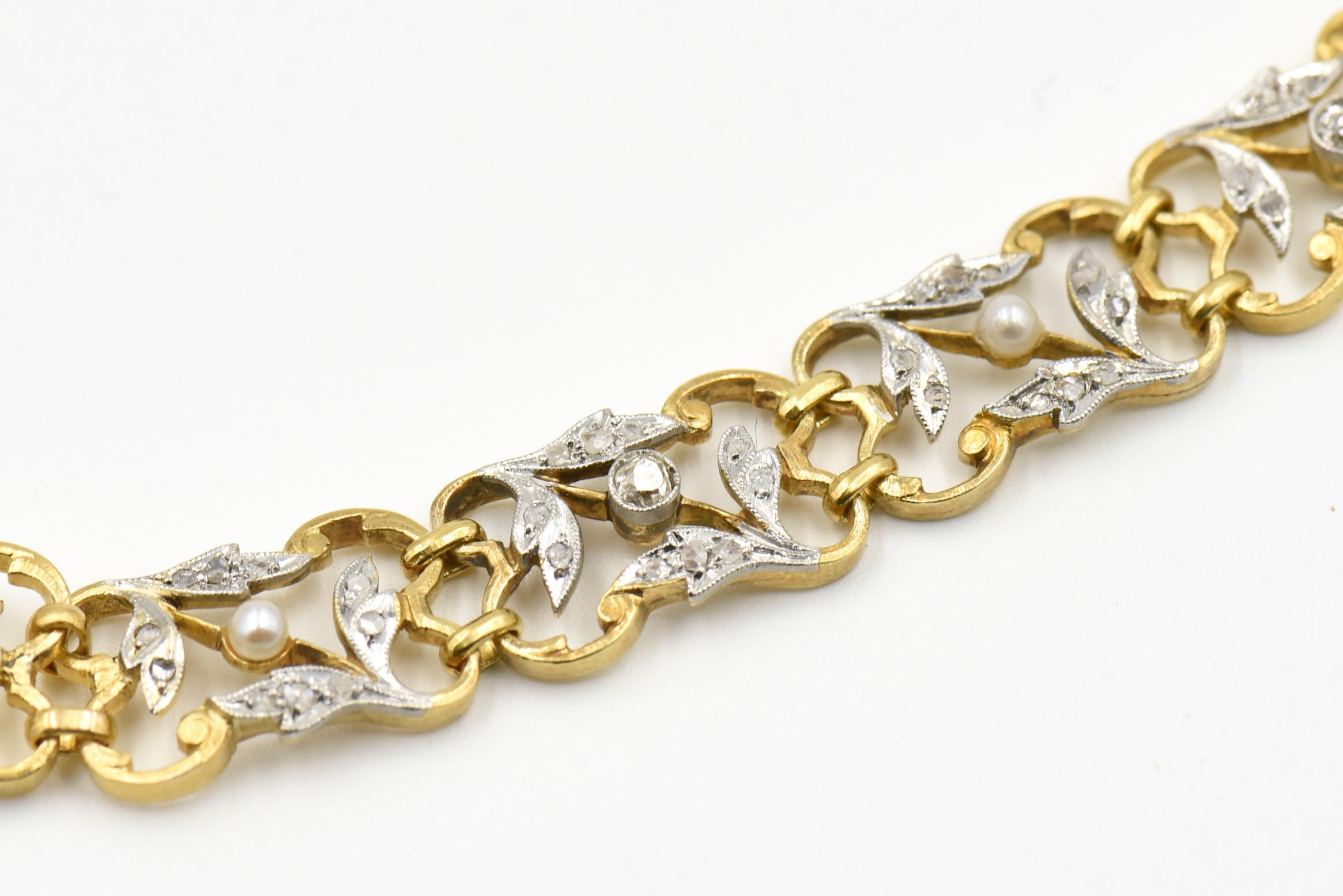 Art Nouveau Diamond and Pearl Garland Gold Bracelet 1