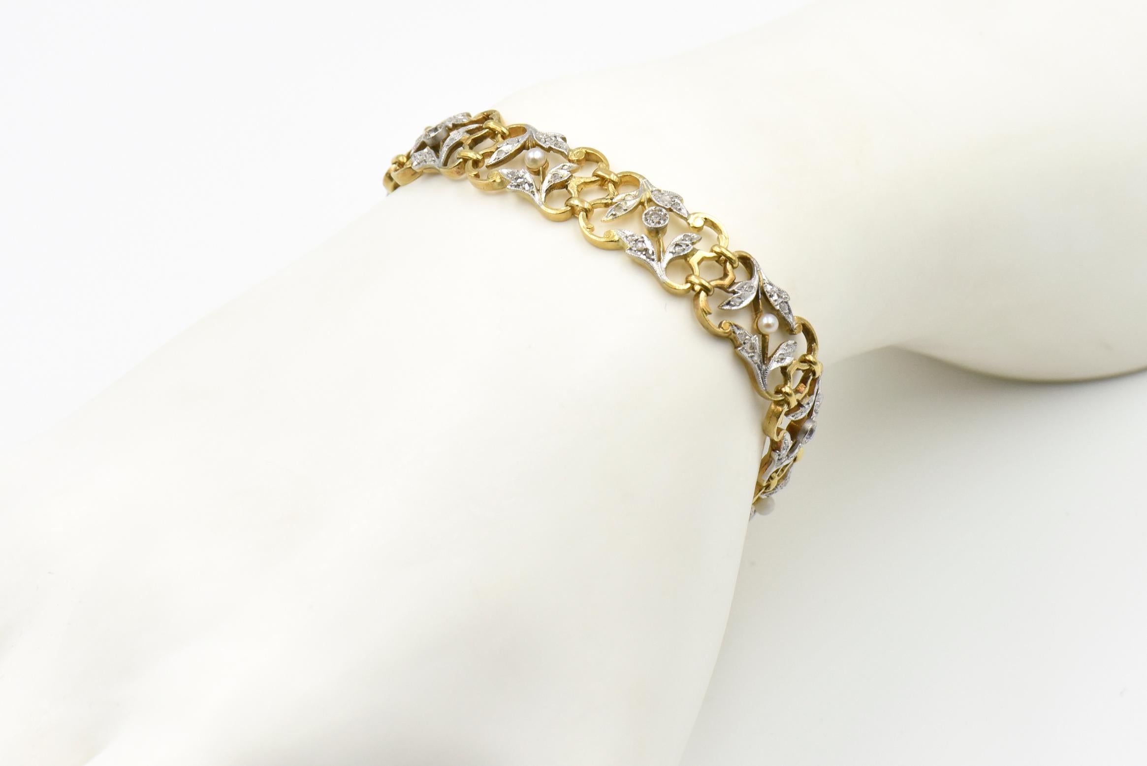 Art Nouveau Diamond and Pearl Garland Gold Bracelet 2
