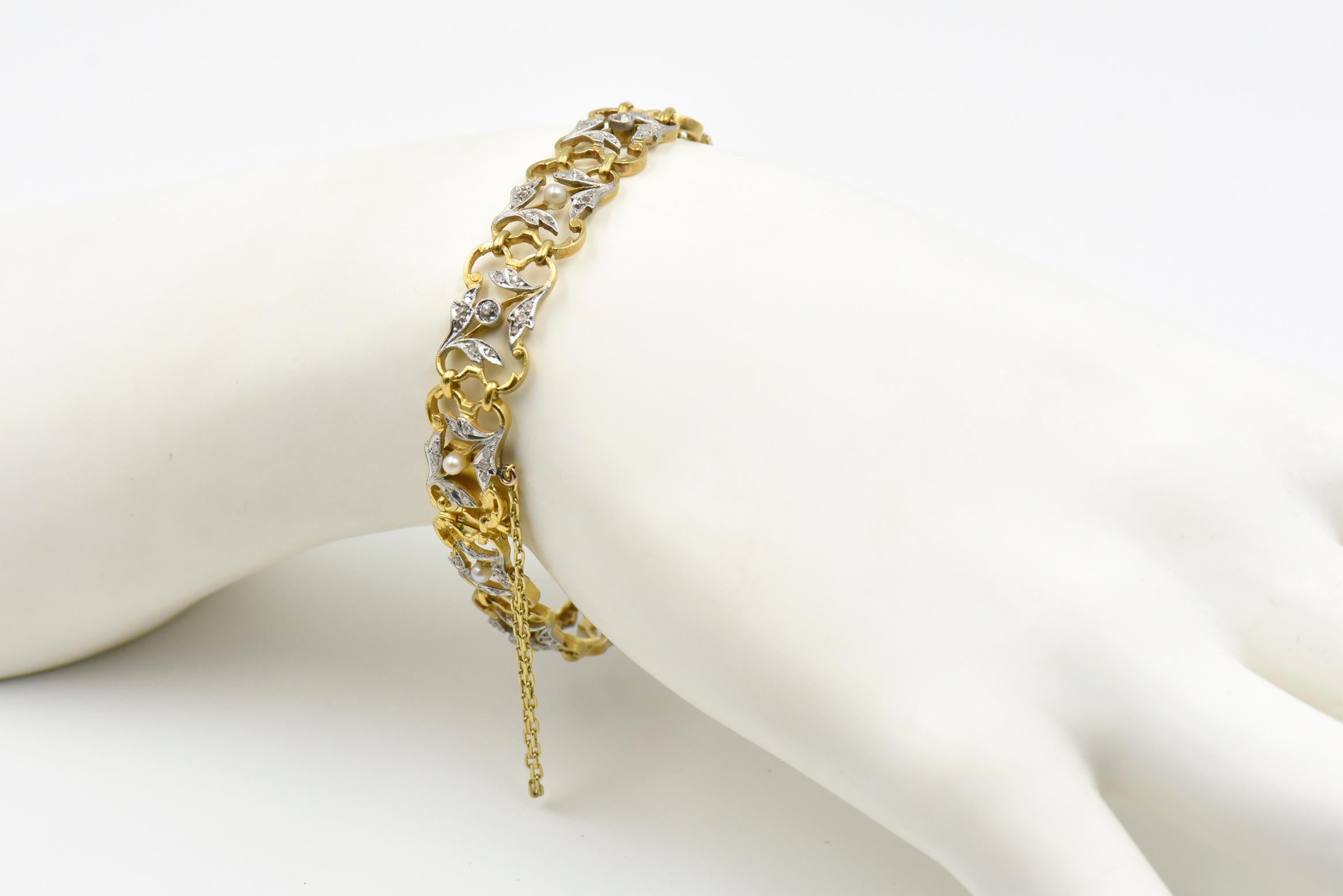 Art Nouveau Diamond and Pearl Garland Gold Bracelet 3