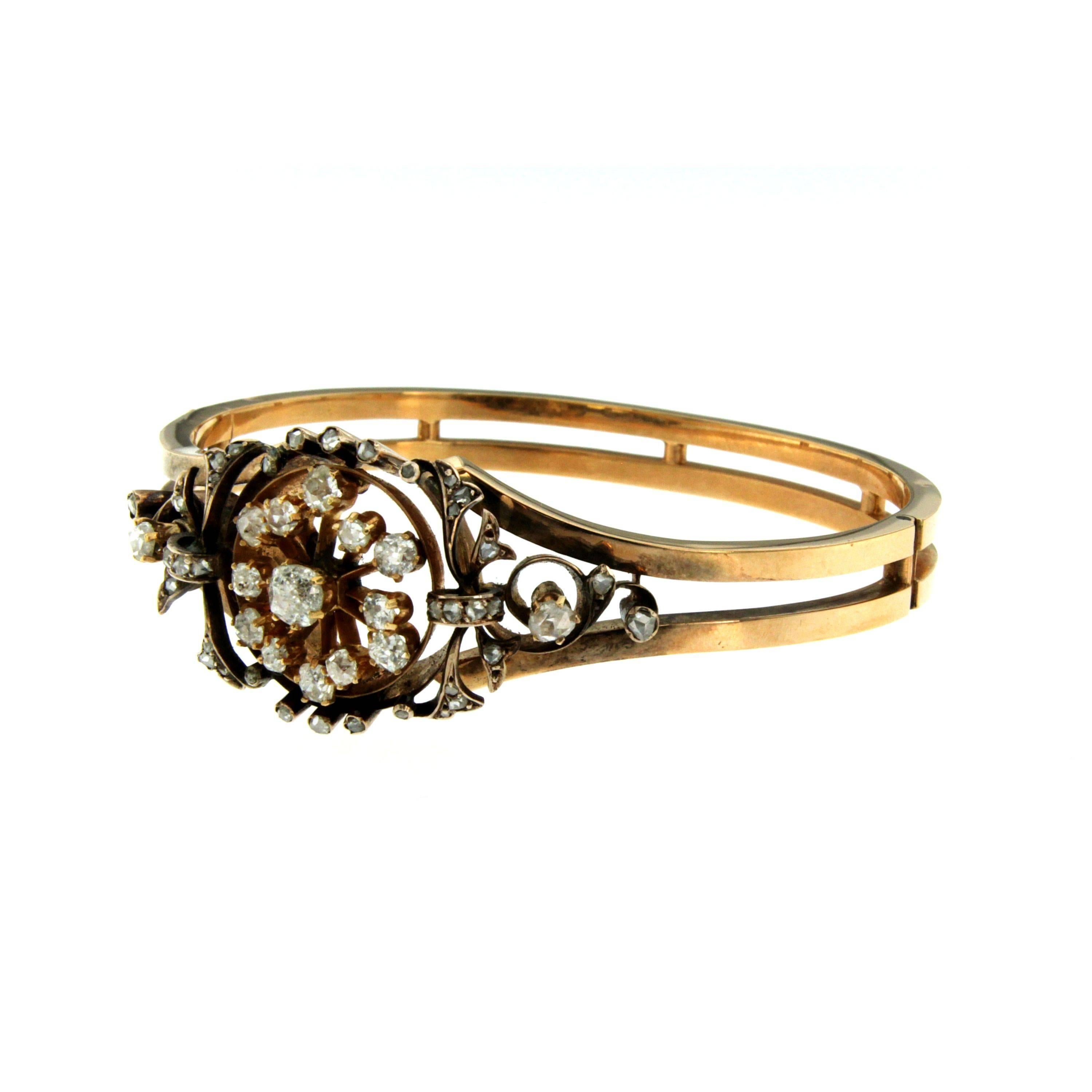 Old Mine Cut Art Nouveau Diamond Bangle Gold Bracelet