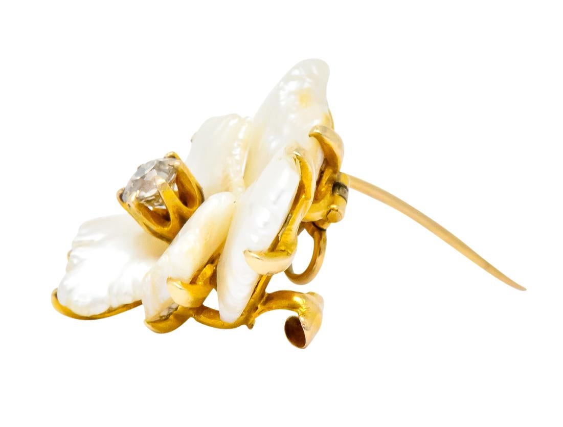 Art Nouveau Diamond Baroque Pearl 14 Karat Gold Pansy Flower Pendant Brooch 2